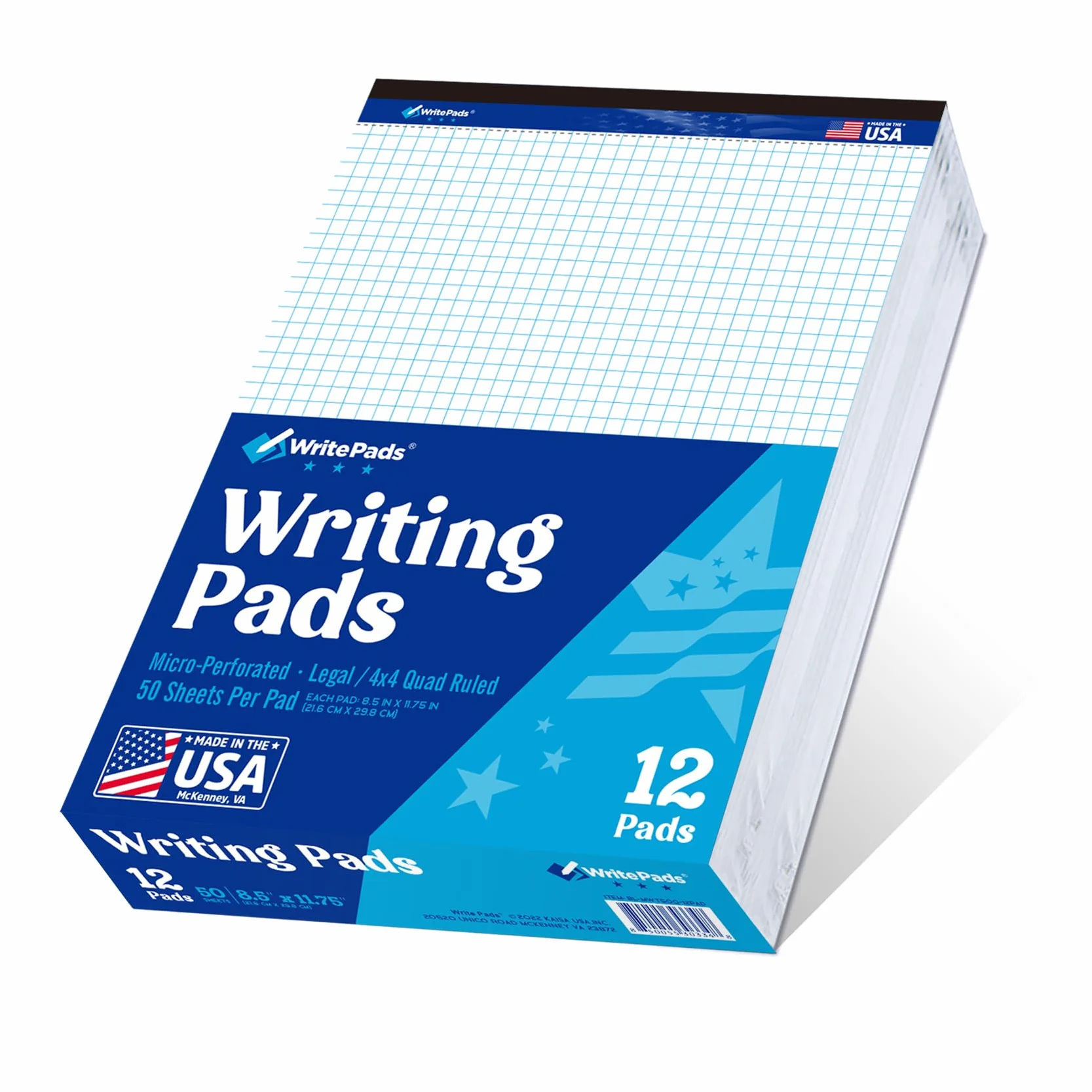 WritePads KAISA - Blocco per appunti a quadretti, a righe, 21,6 x 27,9 cm, blocco per appunti in carta, 12 blocchetti bianchi, BL-MWT50Q-12, prodotti negli Stati Uniti.