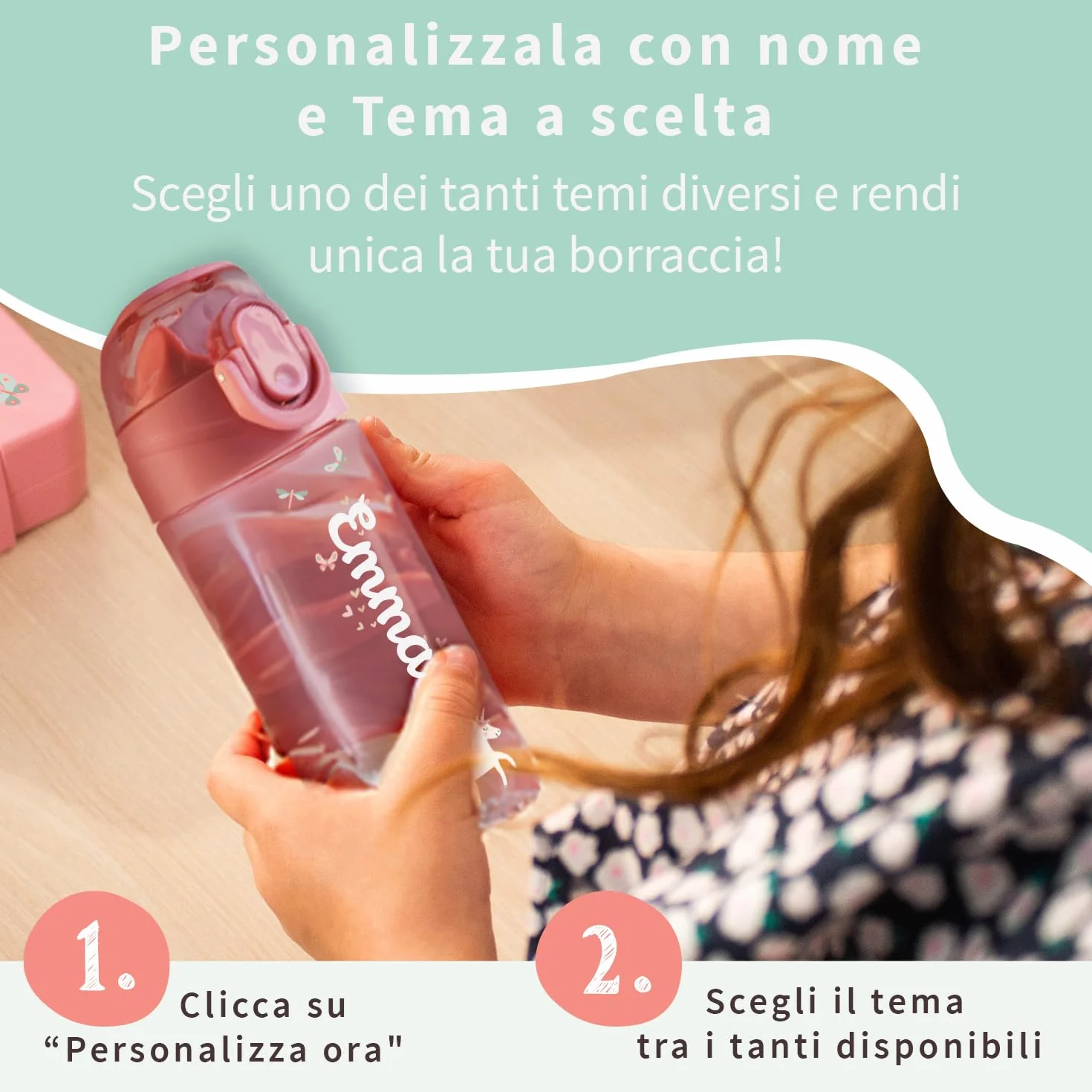 Borraccia Personalizzata per Bambini 450 ml Rosa Antico Senza BPA Lavabile in Lavastoviglie