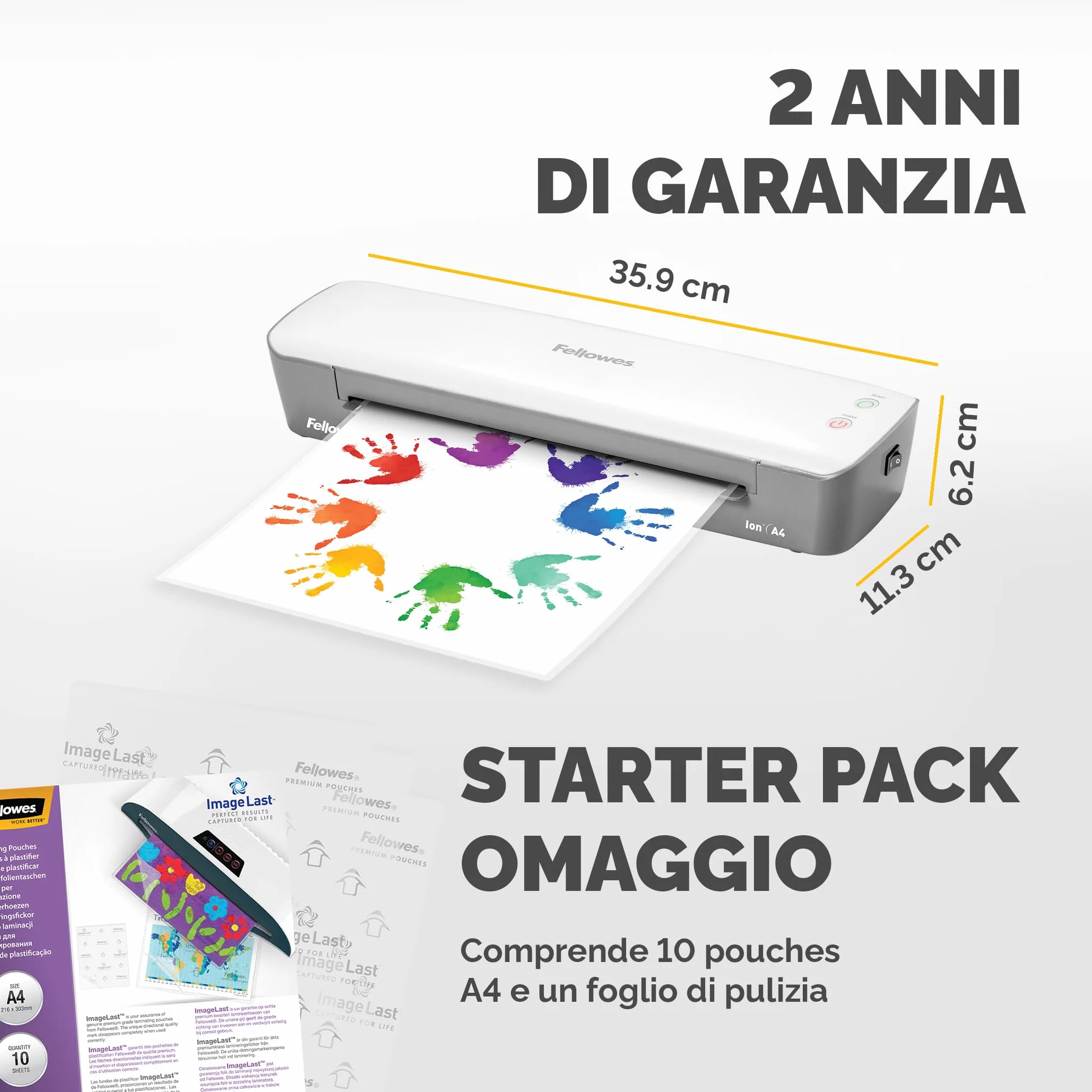 Fellowes plastificatrice Ion A4, formato A4, fino a 125 micron, per casa e ufficio, plastificatrice con leva di sblocco e modalità riposo, riscaldamento in 4 minuti, incluso starter pack di 10 pouches