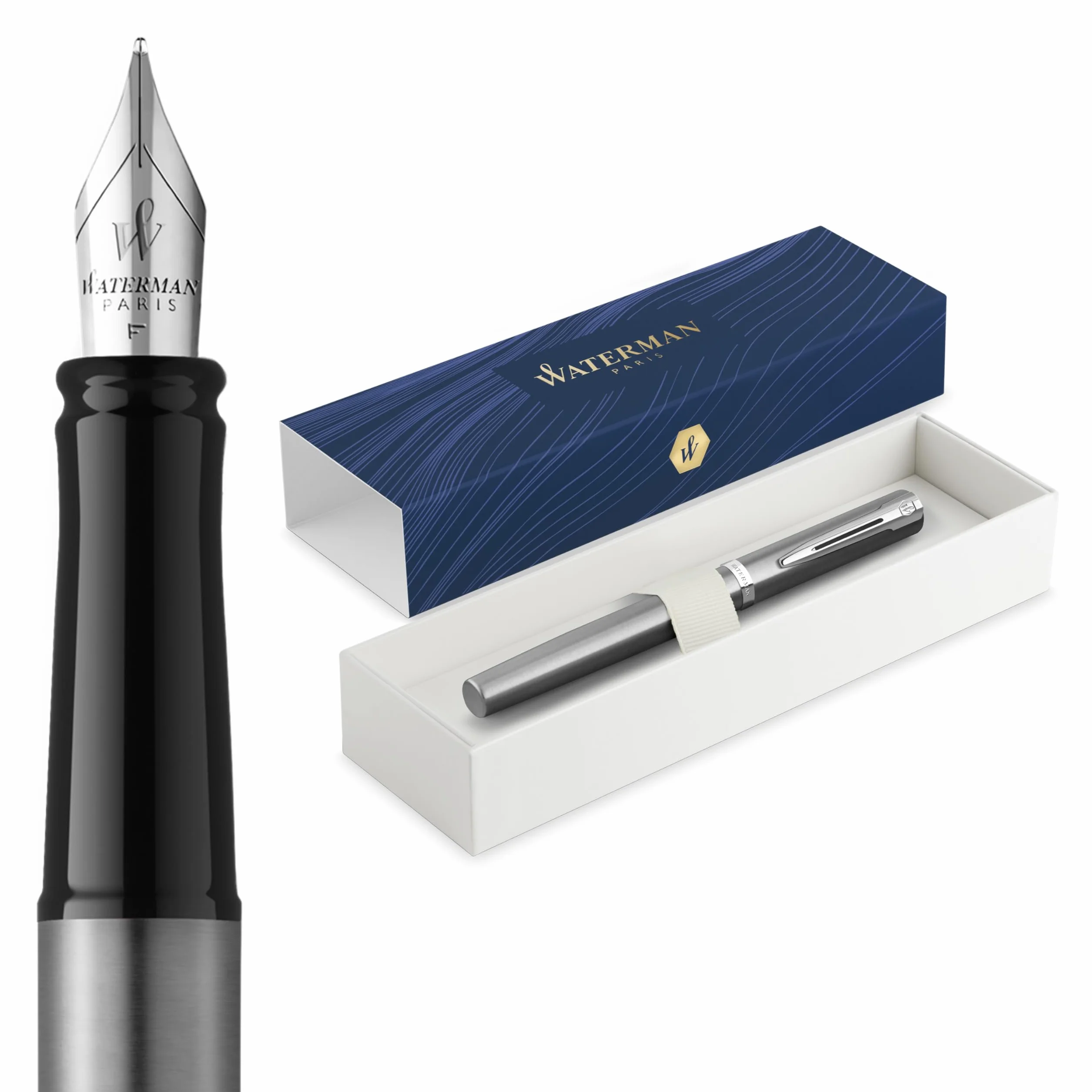 Waterman Impression Penna Stilografica | Pennino Fine con Ricarica di Inchiostro Blu | Acciaio Inossidabile con Rifiniture Placcate in Palladio | Confezione Regalo