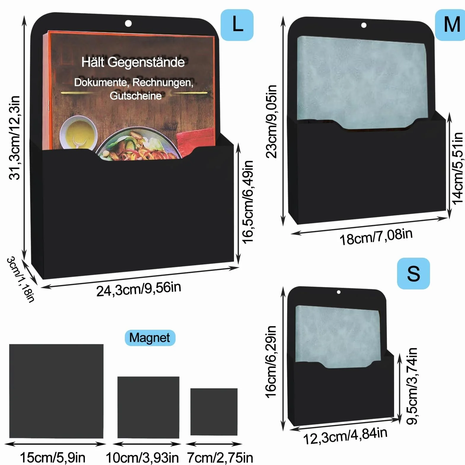 Supporti magnetici per documenti 3 misure S/M/L nero