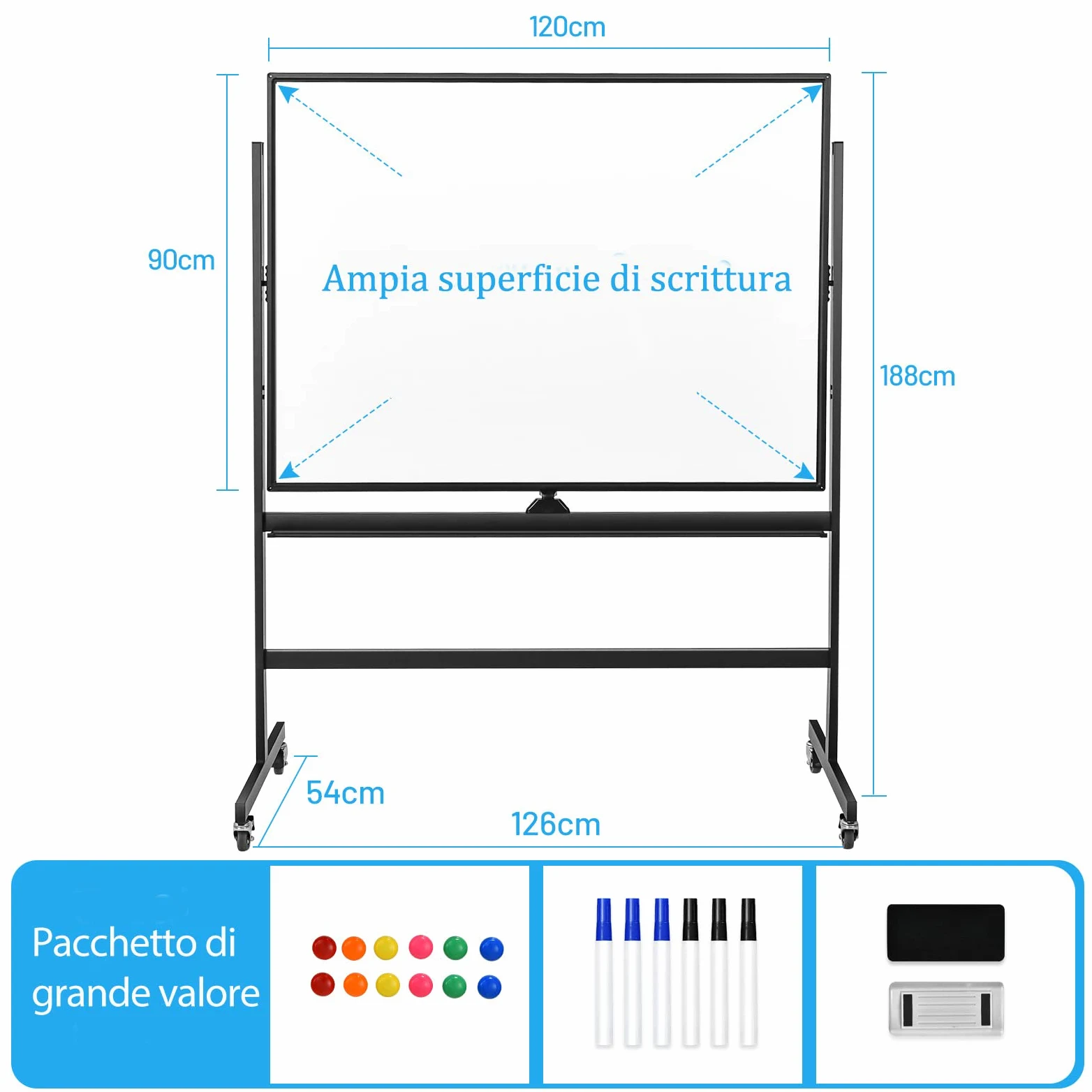 COSTWAY Lavagna Bianca Magnetica Mobile, Lavagna Cancellabile con Altezza Regolabile Girevole a 360°, con 4 Ruote Bloccabili, Doppia Faccia, 90 x 120 cm