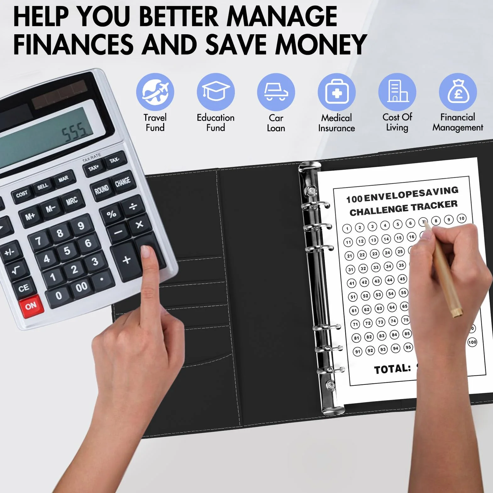 ALLOMN Raccoglitore Sfida 100 Buste A5 z Pulsante Magnetico, Organizer Budget dla Par i Biura (Nero)