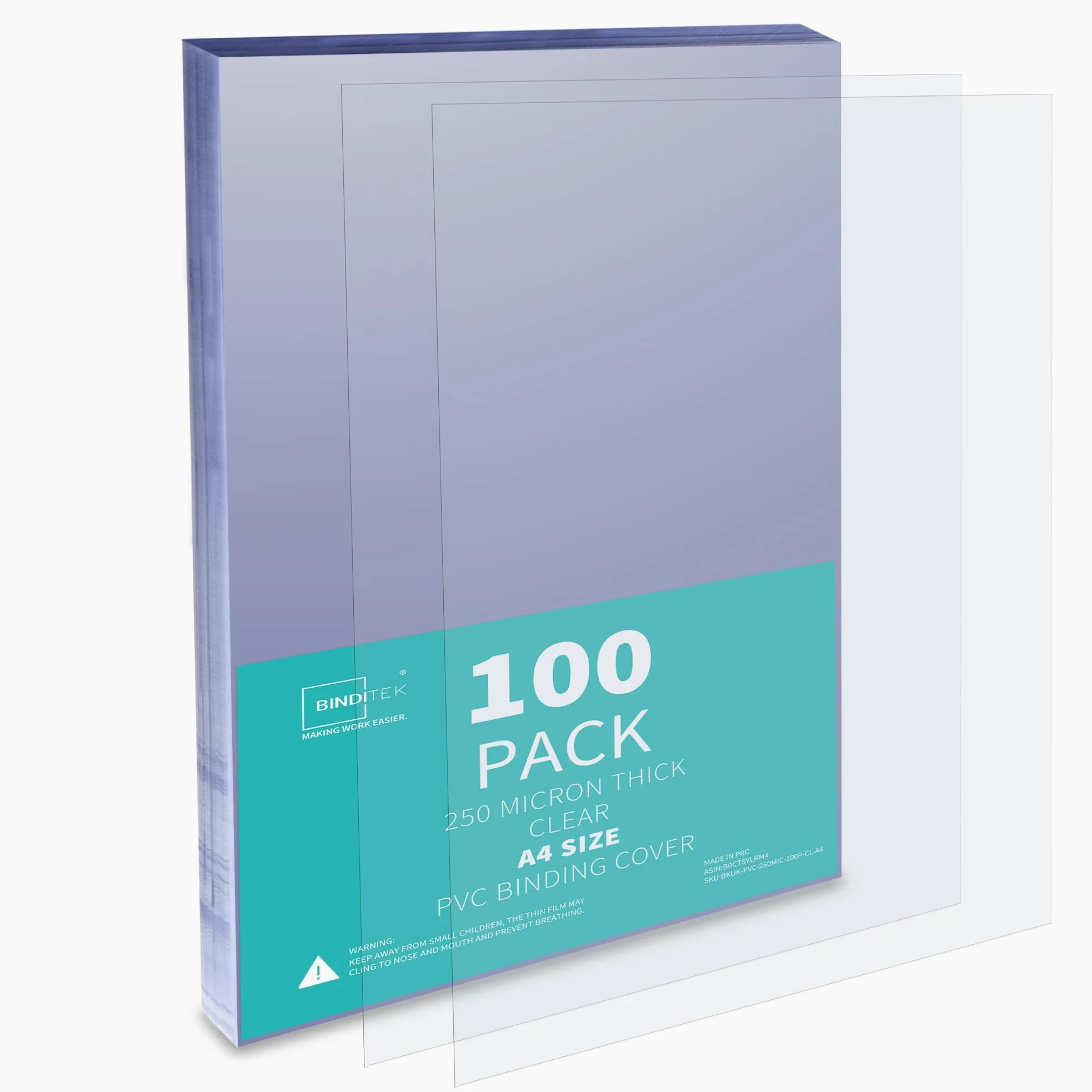 Binditek Confezione da 100 copertine per rilegatura A4, 250 micron, in PVC, con angoli quadrati, non perforate, per ufficio e scuola