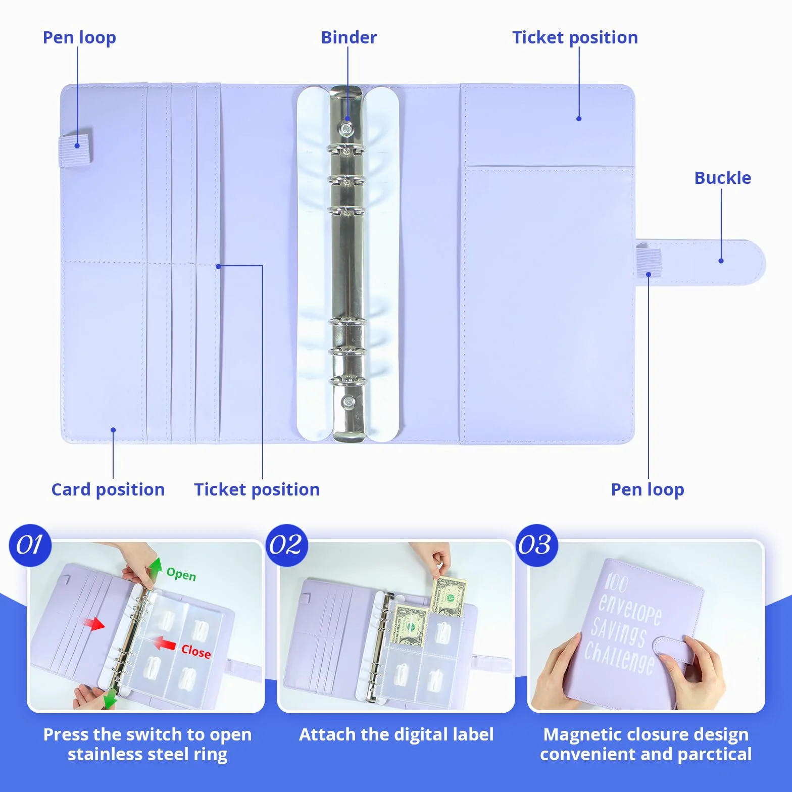 100 Envelope Challenge Binder Budget Planner Kit A5 Salvadanaio Sfida Risparmia denaro con scomparti per banconote e adesivi