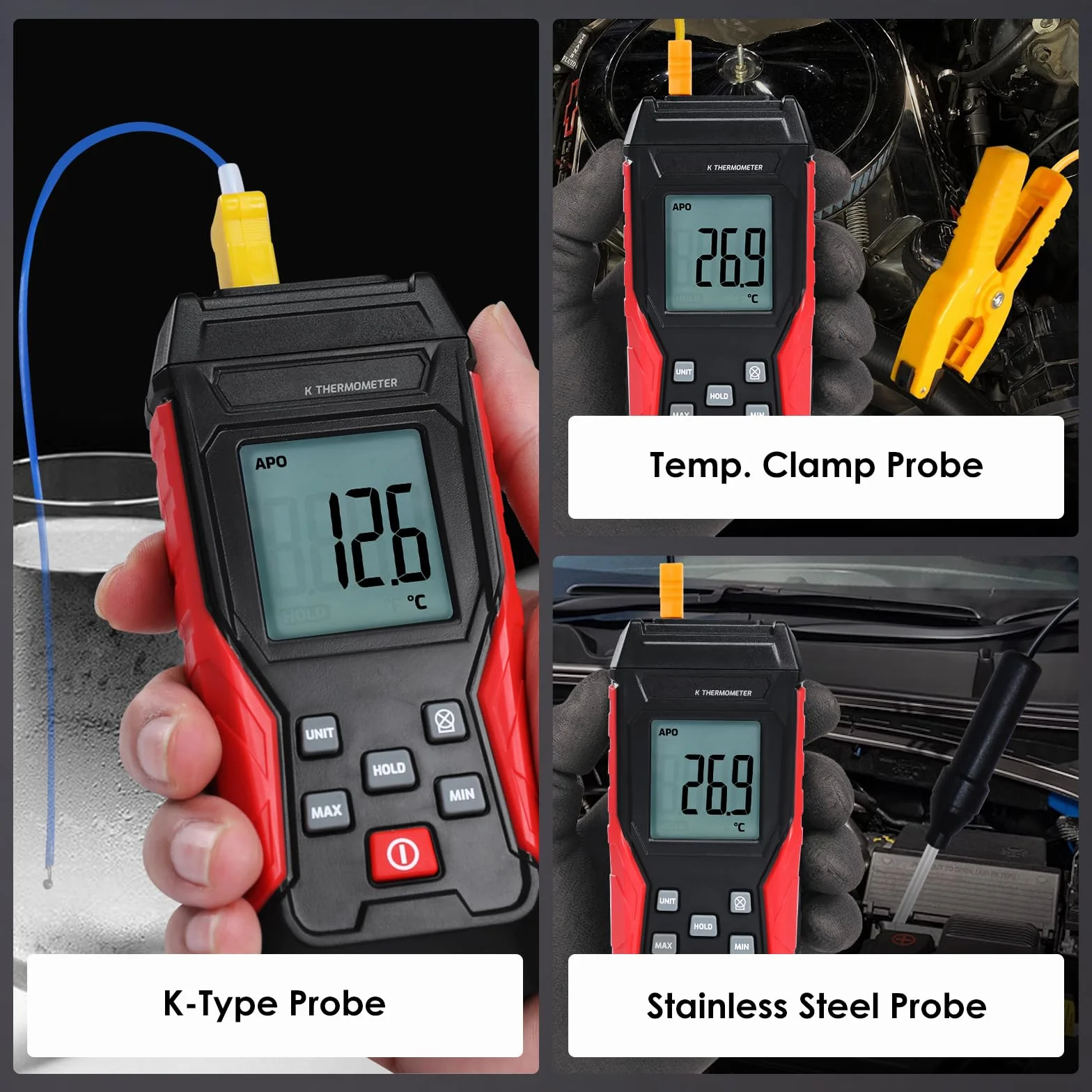 Termometro digitale tipo K 2 sonde termocoppia 2 pinze temperatura industriale monocanale -328°F a 2500°F display LCD retroilluminato Max/Min mantenimento dati