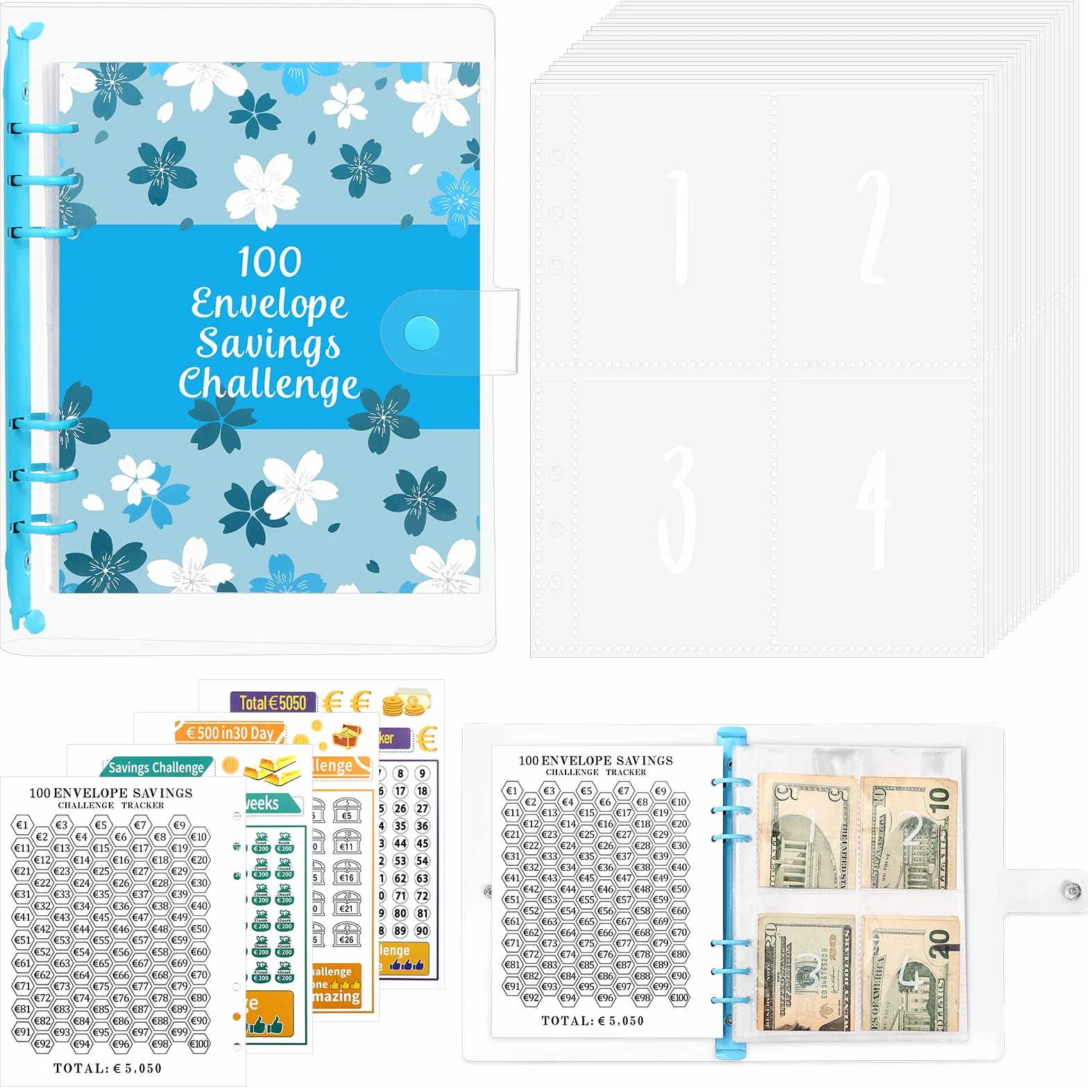 A5 Agenda Risparmio Soldi con Buste Porta Soldi e Tracker Della Sfida, Budget Binder per Risparmia Denaro Challenge - Blu