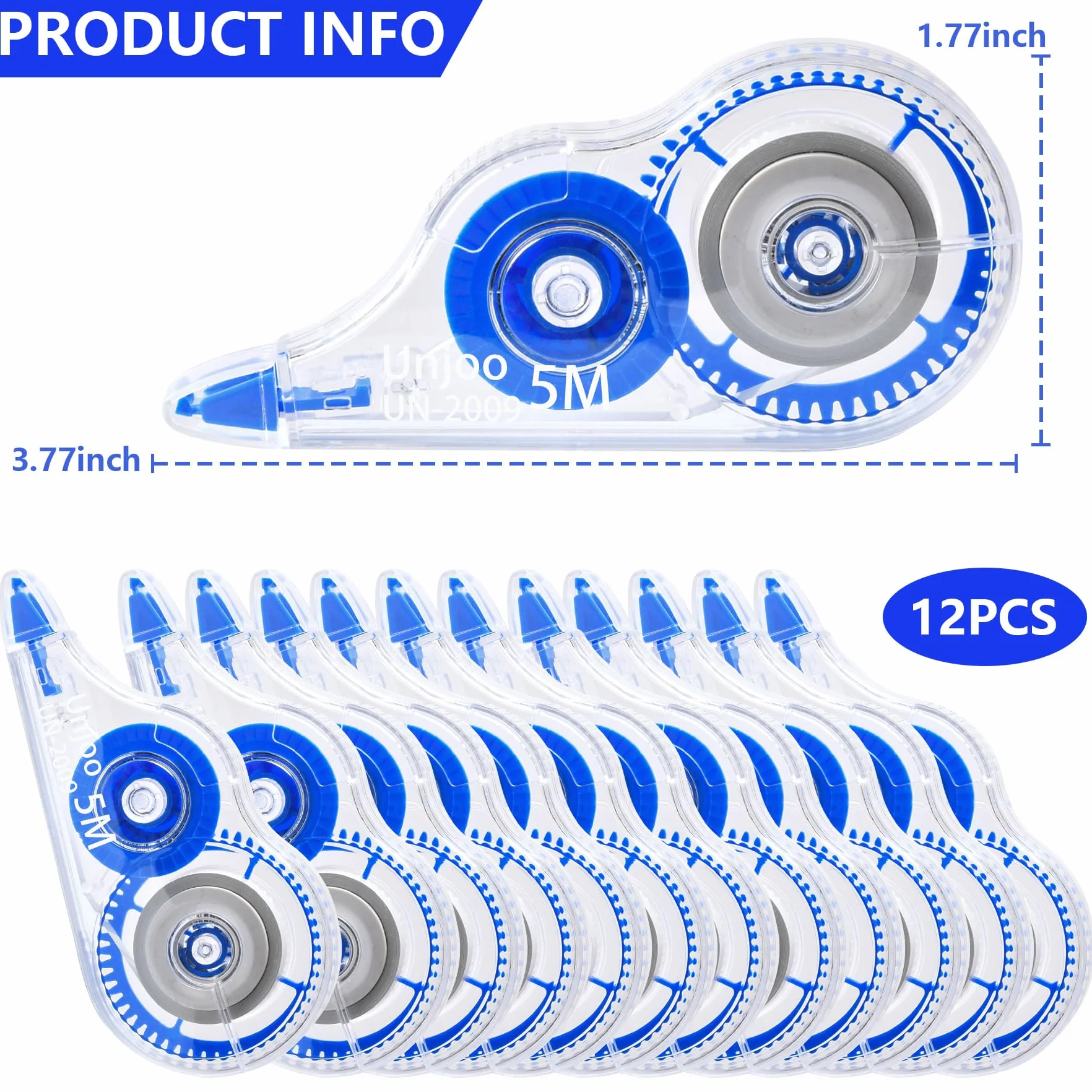 Unjoo Nastro correttore bianco, applicatore facile da usare per correzioni istantanee scrittura errata in qualsiasi momento, per scuola, ufficio (confezione da 12, 5 m, 197,8 x 0,5 cm, blu)