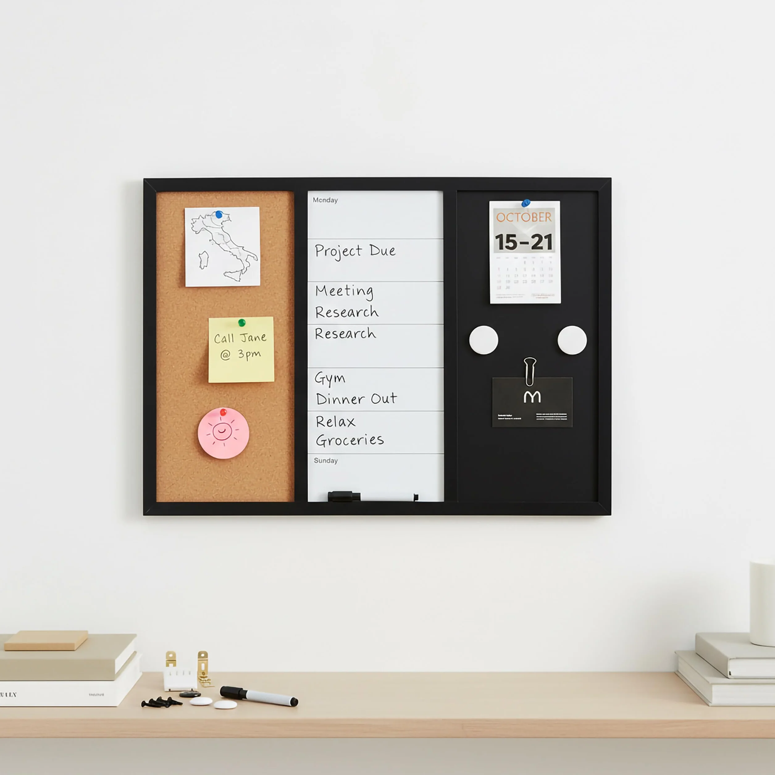 Relaxdays Lavagna combinata 3in1, 60x90 cm, whiteboard, bacheca, a Gesso, Accessori, memoboard Magnetico, Multicolore