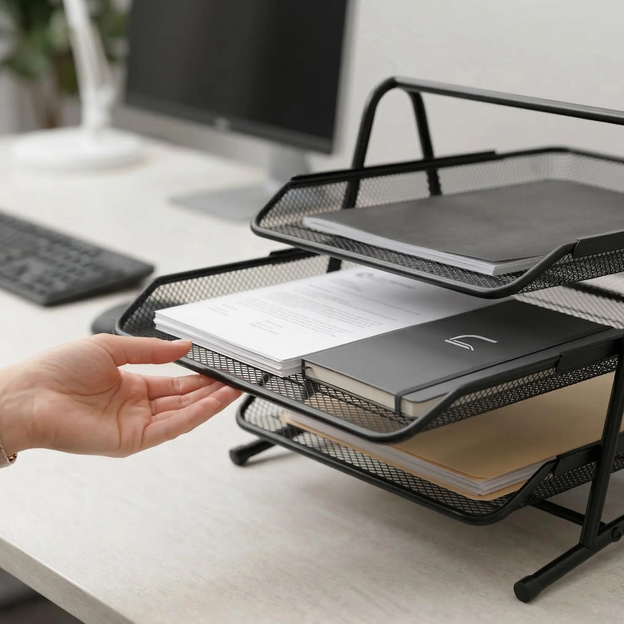 D.RECT KOMO Portadocumenti da Scrivania 3 Scomparti Metallo Rete Organizer A4 Estraibile 350x297x275 mm