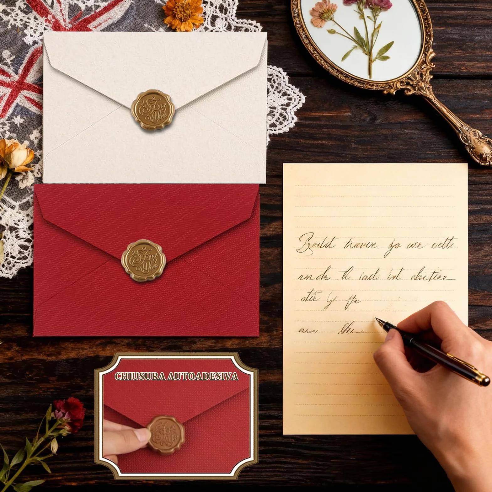 Set Carta da Lettere Vintage 36 Fogli A5 con 8 Buste Lino e Sigilli Cera Kraft