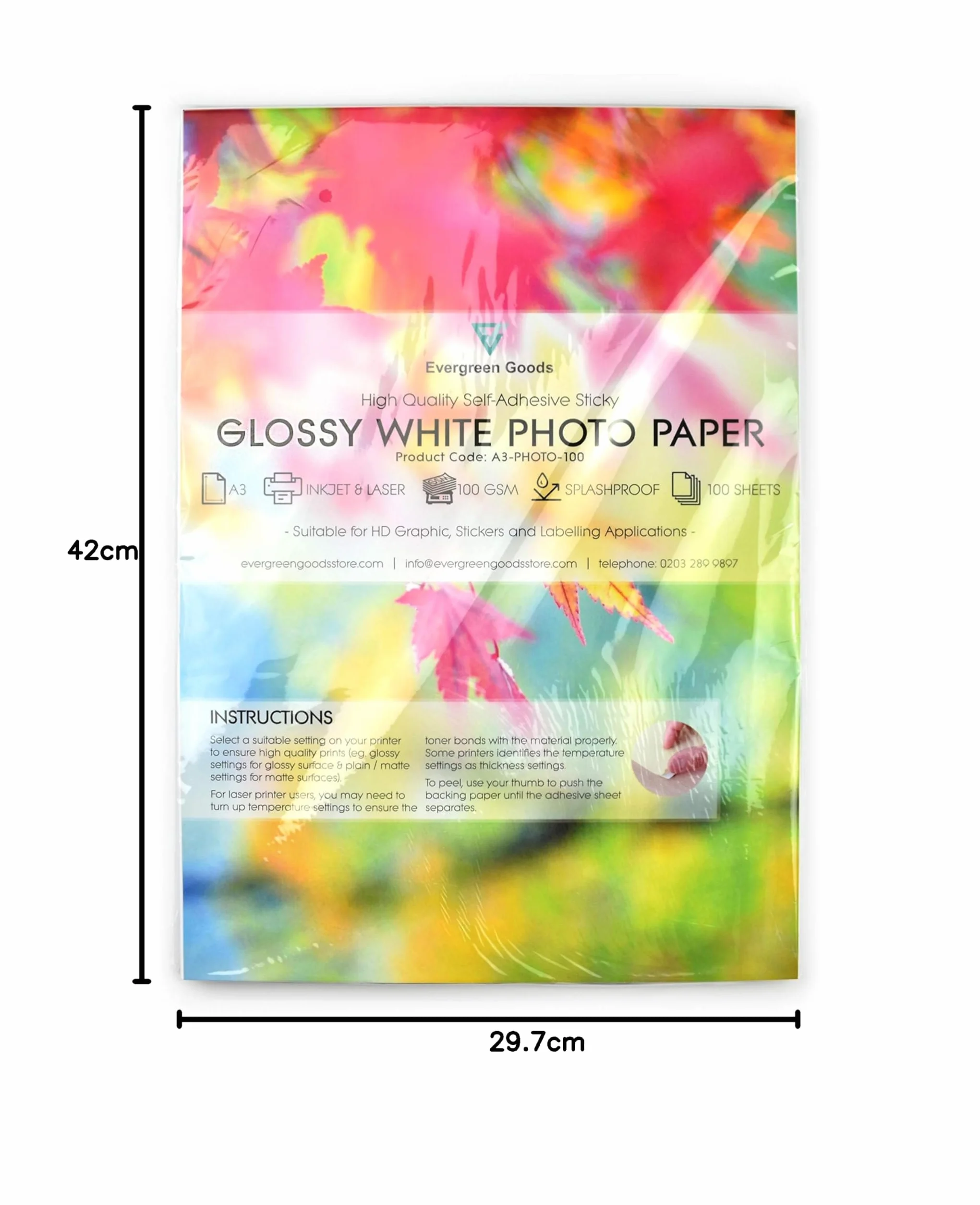 Evergreen Goods 100 Fogli A3 Carta fotografica autoadesiva bianca lucida | Carta adesiva stampabile a getto d'inchiostro e laser | carta lucida per la creazione di cartelli, etichette e adesivi