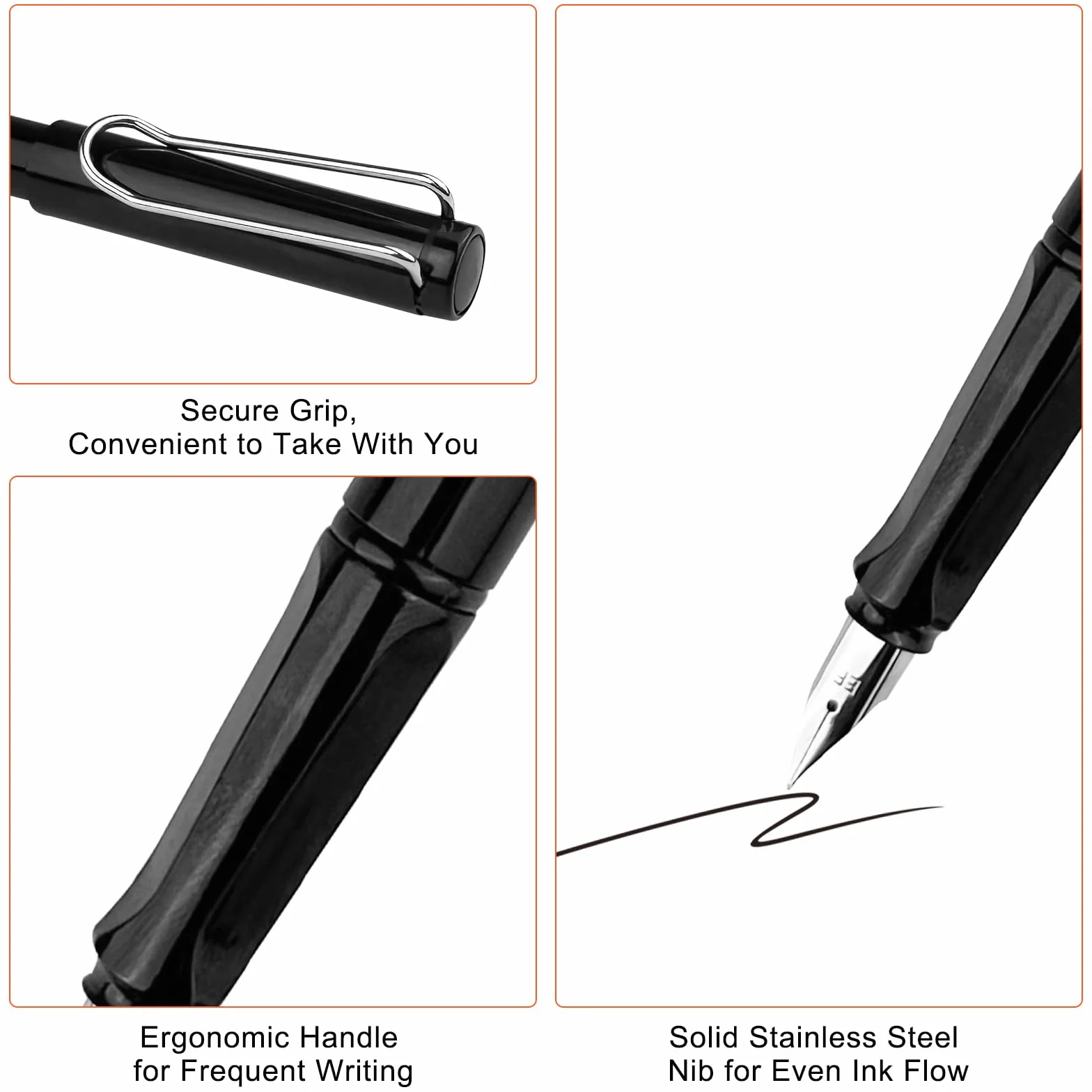Penna Stilografica Pennino Fine Acciaio Lucido EF, 2 Cartucce Blu Nero, Scrittura Ufficio Destrimani