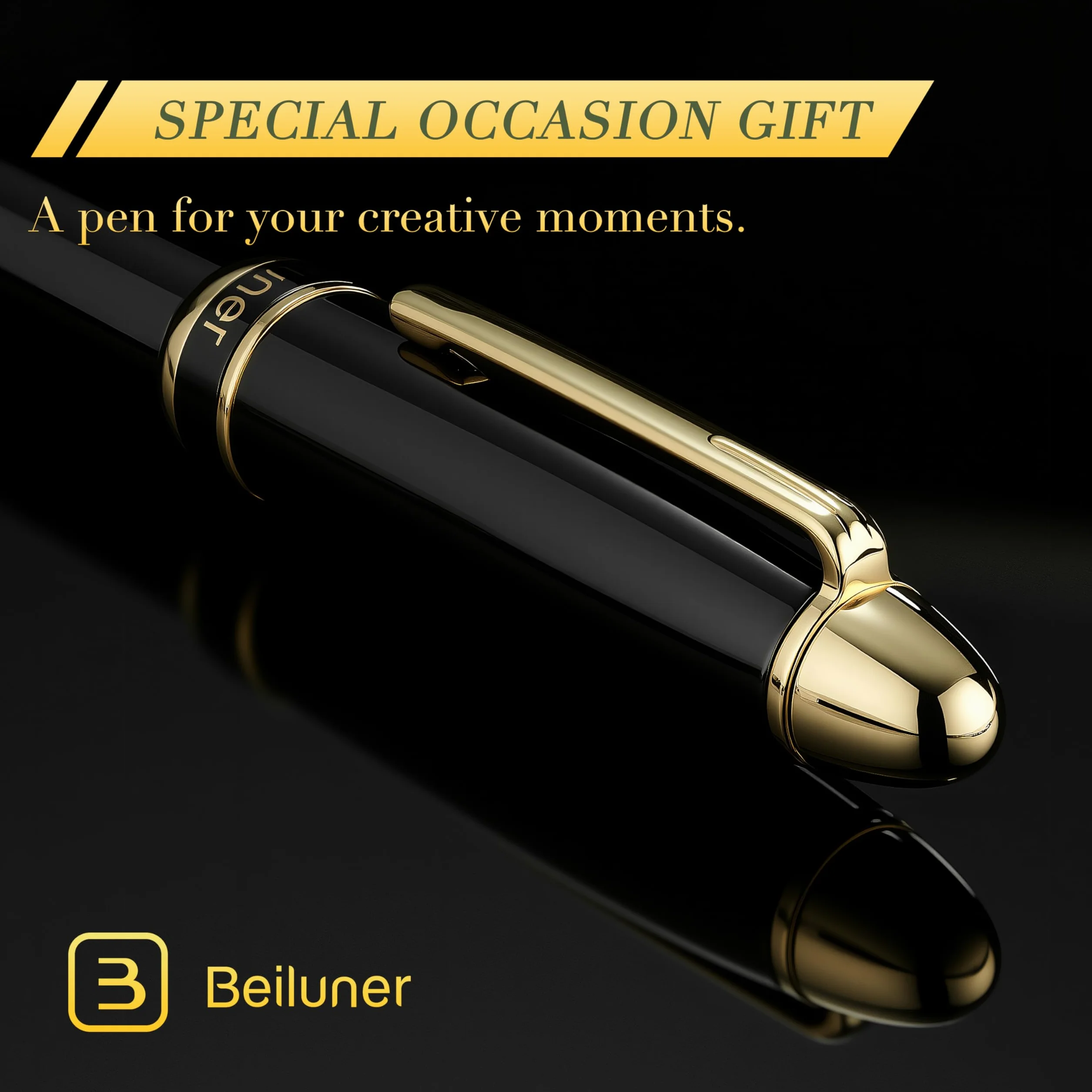BEILUNER 315 Penna Rollerball di Lusso, Finitura Oro 24K Premium e Laccatura Piano Elegante, Set Regalo Dirigenziale per Professionisti e Laureati, Penna da Ufficio di Prestigio - Nero & Oro