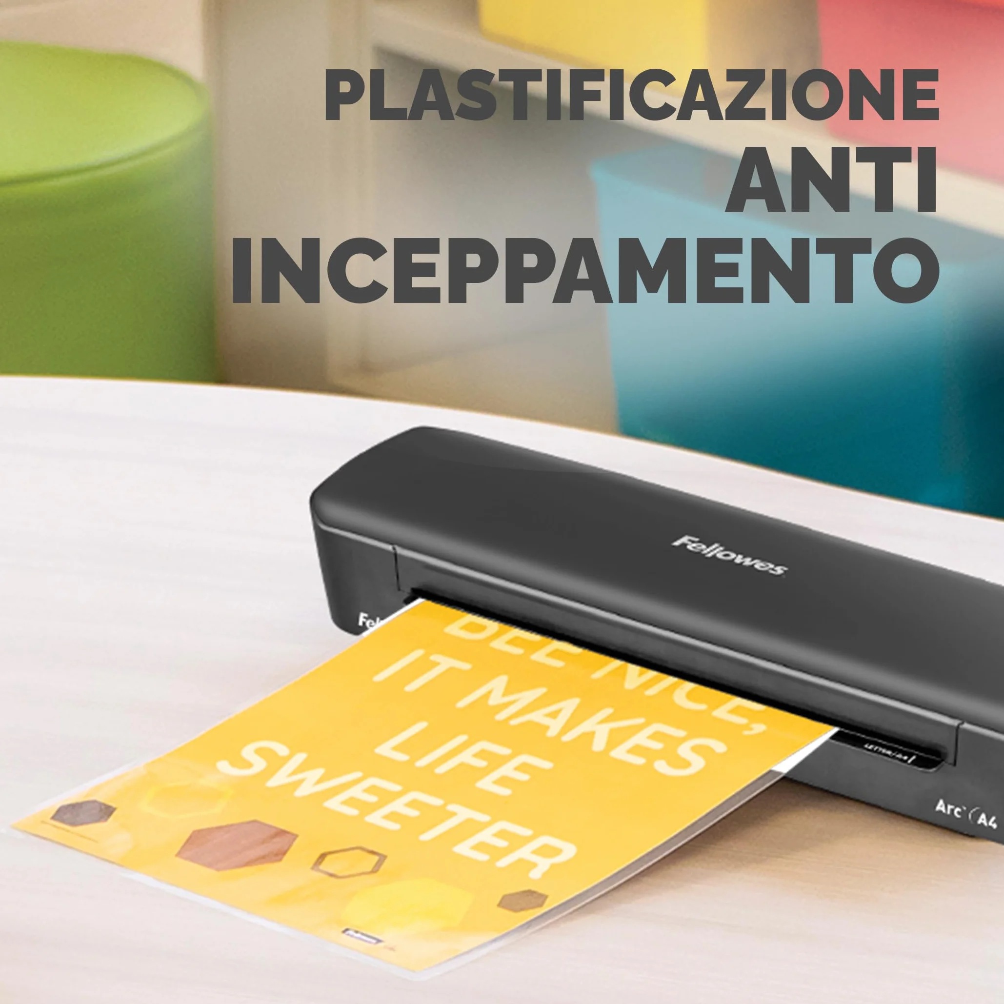 Plastificatrice Fellowes Arc A4, per laminazione a caldo di buste fino a 80 micron, leva antiinceppamento, hobby creativi, 30 cm/min, 4570001