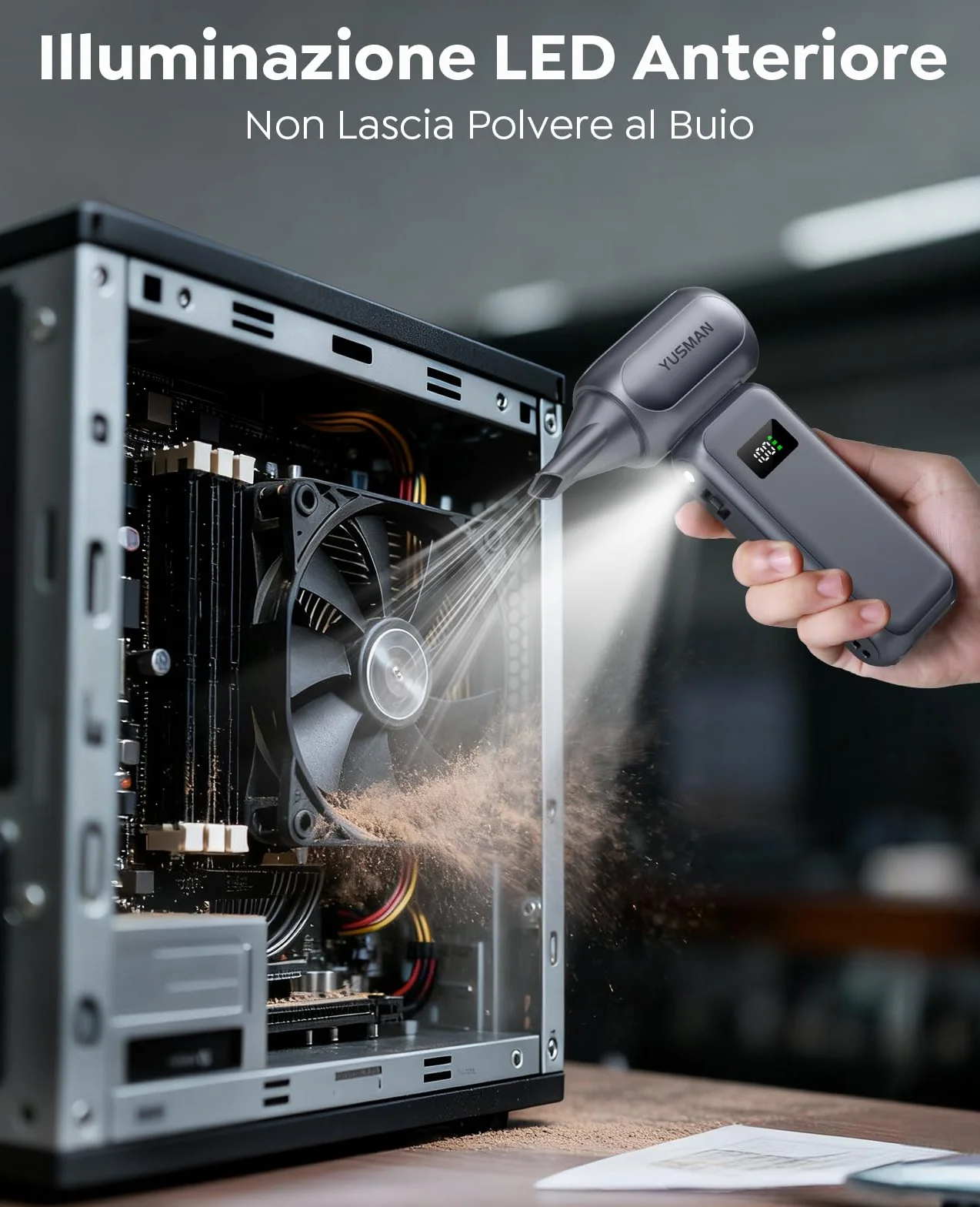 YUSMAN Soffiatore ad Aria Compressa Turbo da 350000 RPM, Soffiatore Elettrico ad Alte Prestazioni con Controllo Velocità 0~100 e Luce LED, Potenza Professionale per Auto, Elettronica e Outdoor