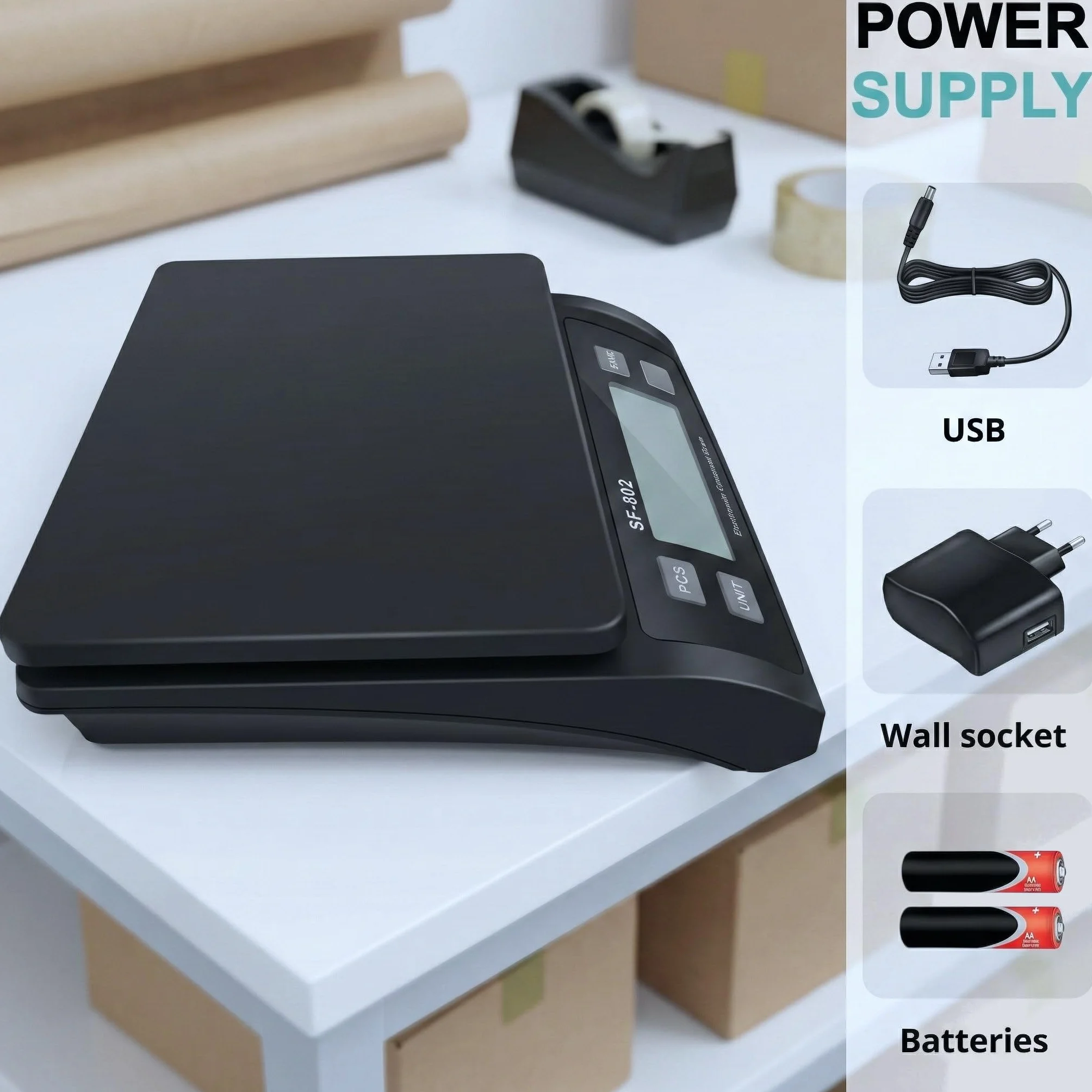 Eosphorus Bilancia Pesapacchi Digitale fino a 30kg, Bilancia Postale di Precisione per Spedizioni e Pacchi, Display LCD, Funzione Tara e Hold, Unità kg/lb, Alimentatore Incluso e Batterie