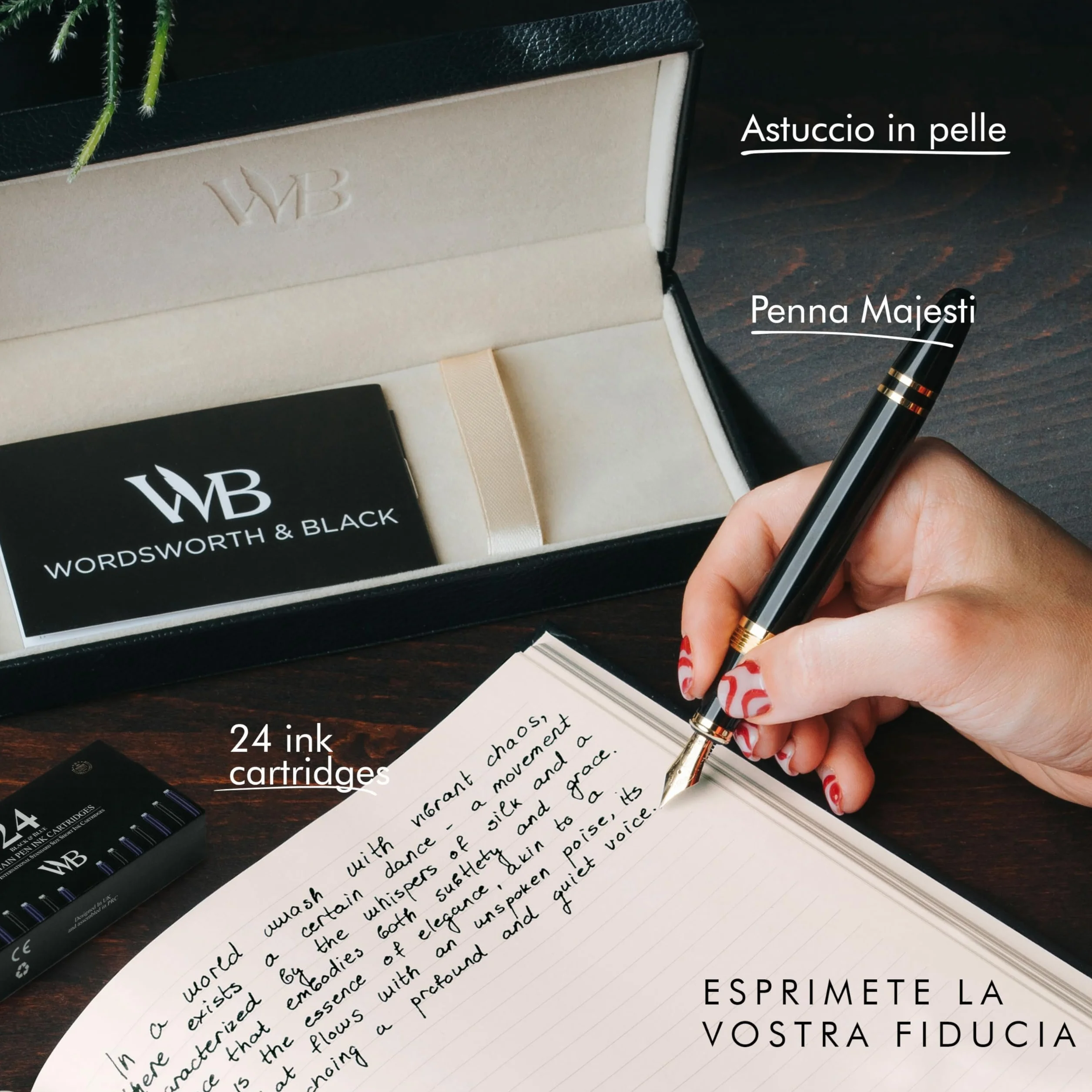 Wordsworth & Black Set di penne stilografiche Majesti [Oro Nero]; pennino medio, scatola regalo, 24 cartucce di inchiostro, convertitore di ricarica, manuale; agenda, set calligrafia