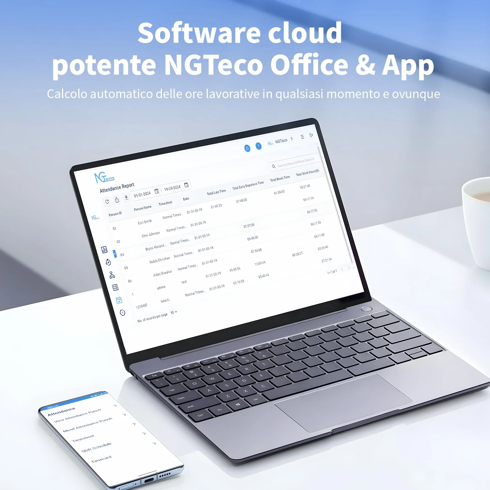 NGTeco Cloud Rilevazione Presenze Italiano TC1,timbracartellini con funzionalità di riconoscimento delle impronte digitali, riconoscimento facciale, RFID e PIN,con software di gestione remota