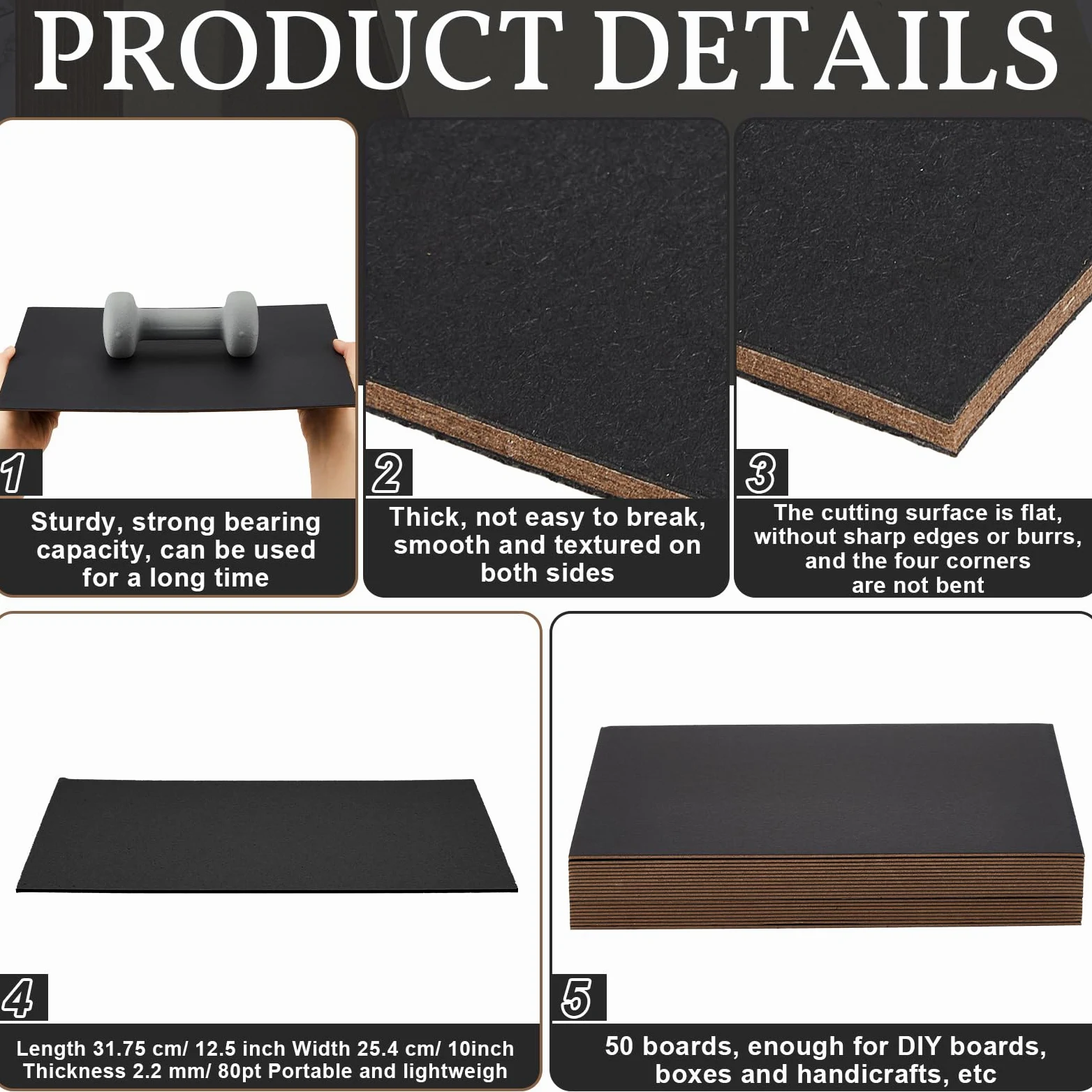 50 pannelli in truciolato, resistenti, per rilegatura, rilegatura e copertina (nero, 31 x 25 cm, 80 PT)