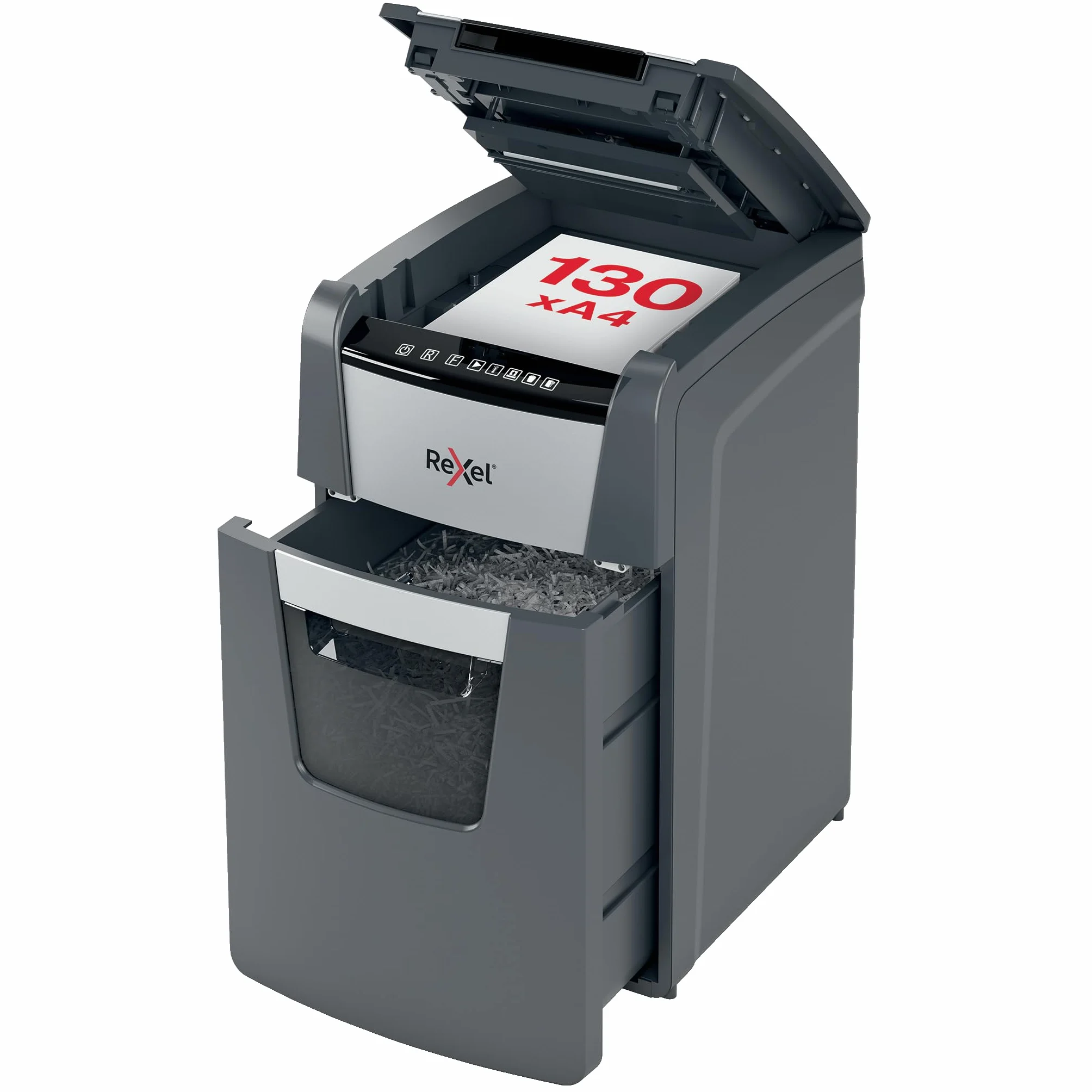 REXEL Optimum Auto Feed+ 130X, Distruggidocumenti Automatico, 130-150 Fogli (80-70 gr/mq), Taglio a Frammento, Livello di Sicurezza P-4, per Piccoli Uffici, Capacità 44 Litri, 2020130XEU