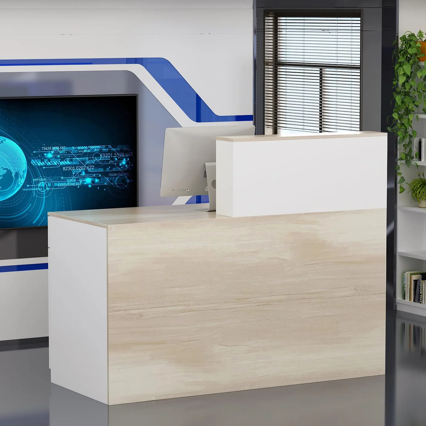 Banco della reception, grande bancone della reception, cassette con scomparti aperti, reception, banconi della reception, mobili da ufficio, colore legno e bianco, 140 x 60 x 110 cm, MDF