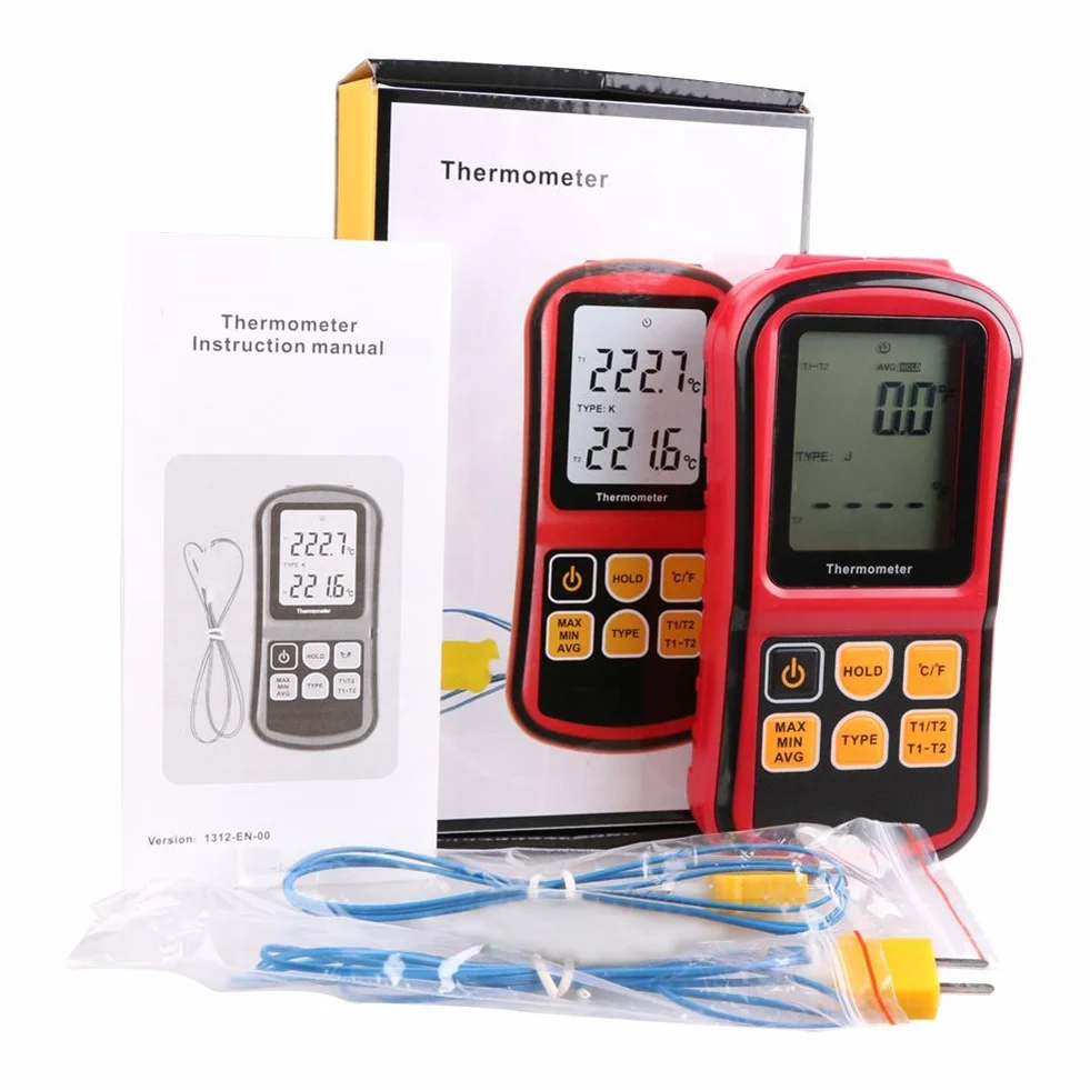 Termometro digitale Dual Channel RGBS con due termocoppie K tipo, retroilluminazione LCD per K/J/T/E/R/S/N, per industria agricoltura meteorologia