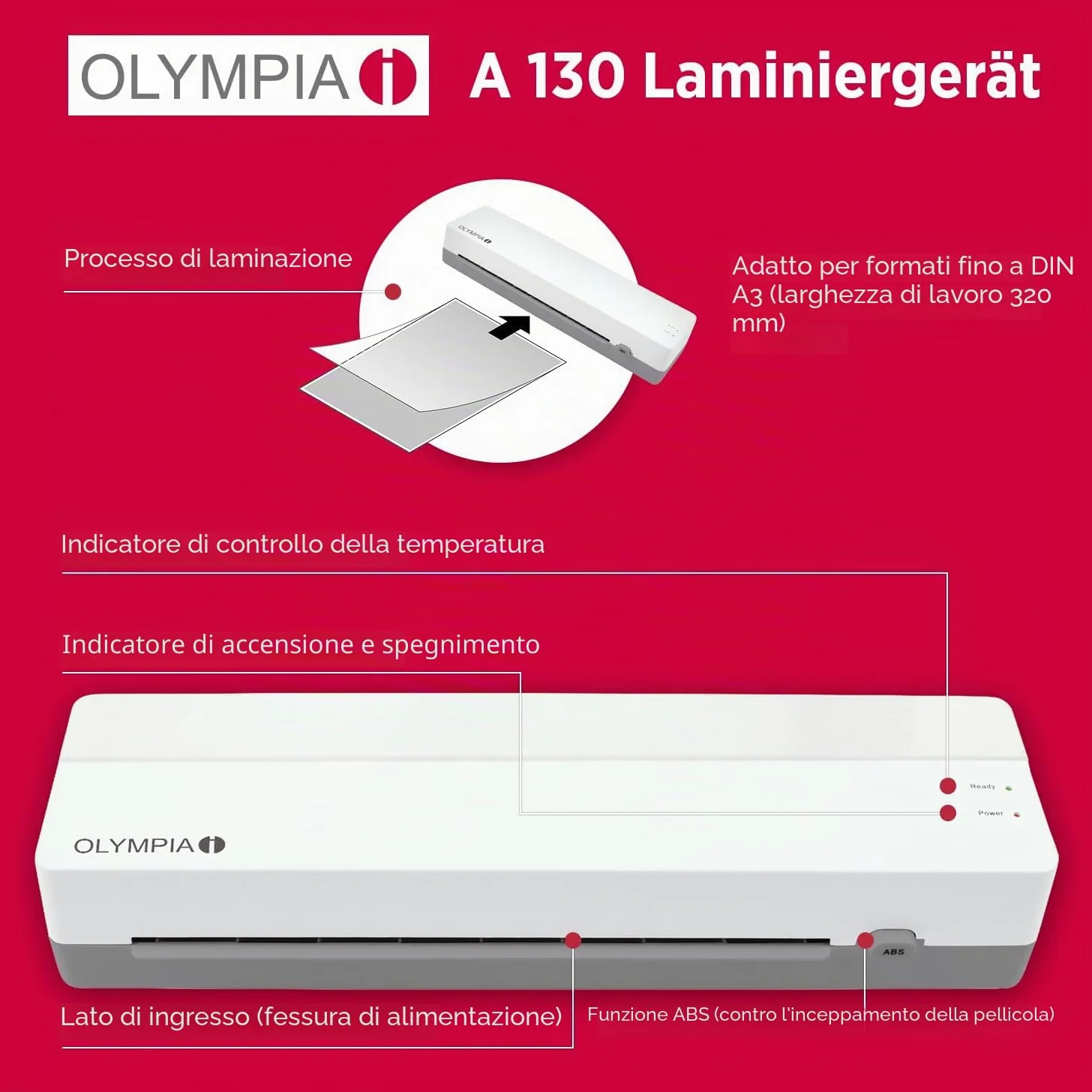 OLYMPIA A130 Plastificatrice A3 | Fogliatrice compatta per ufficio, scuola e casa | Laminazione a caldo fino a 320 mm | Per pellicole di laminazione da 80 – 125 micron | Plastificatrice A3 & A4 |