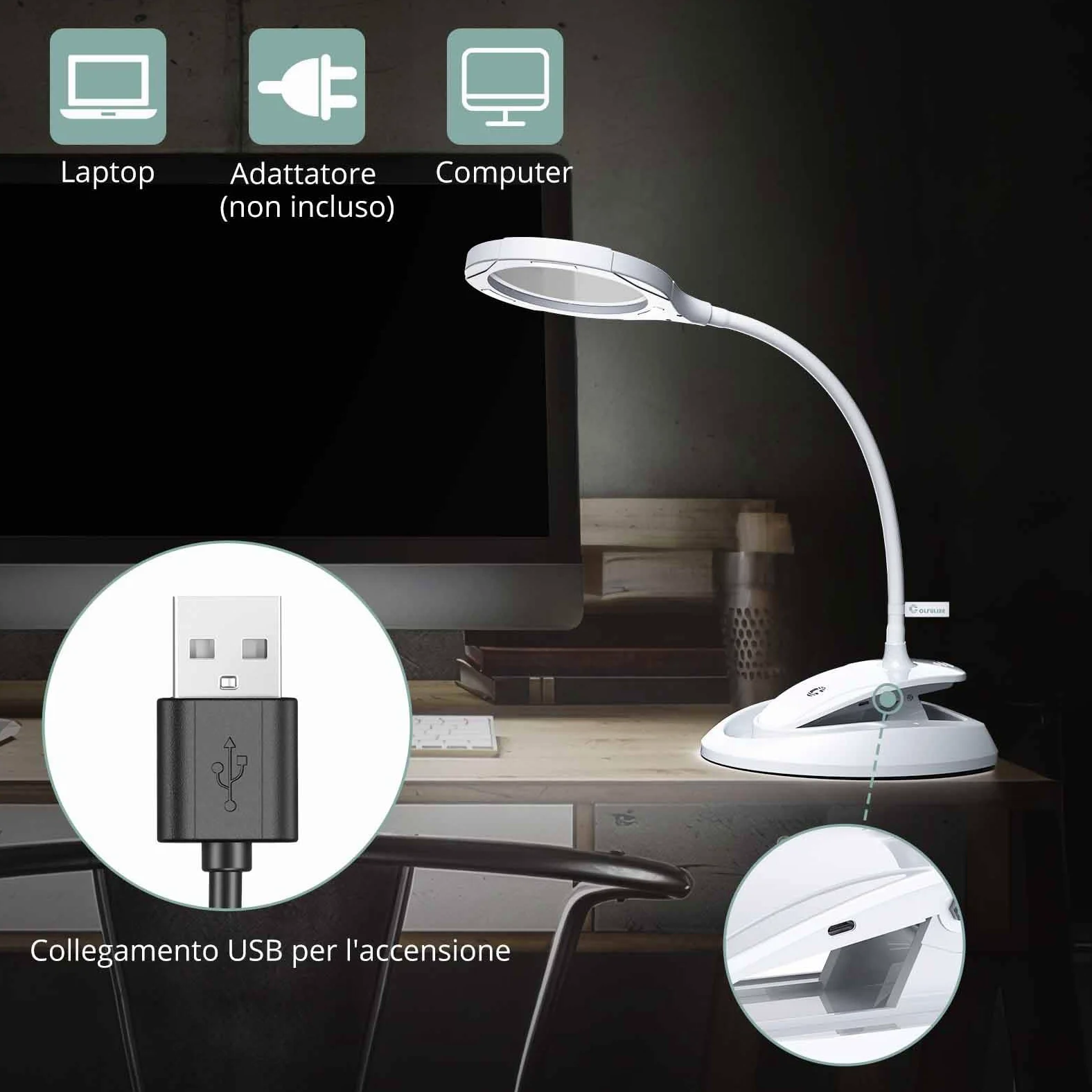 COLFULINE Lente di Ingrandimento con Lampade LED da Tavolo Ingrandimento Professionale 5x e 10x con Base e Morsetto 3 Livelli di Luminosità Regolabili per Lettura Pittura Fai-da-te Modello Manicure