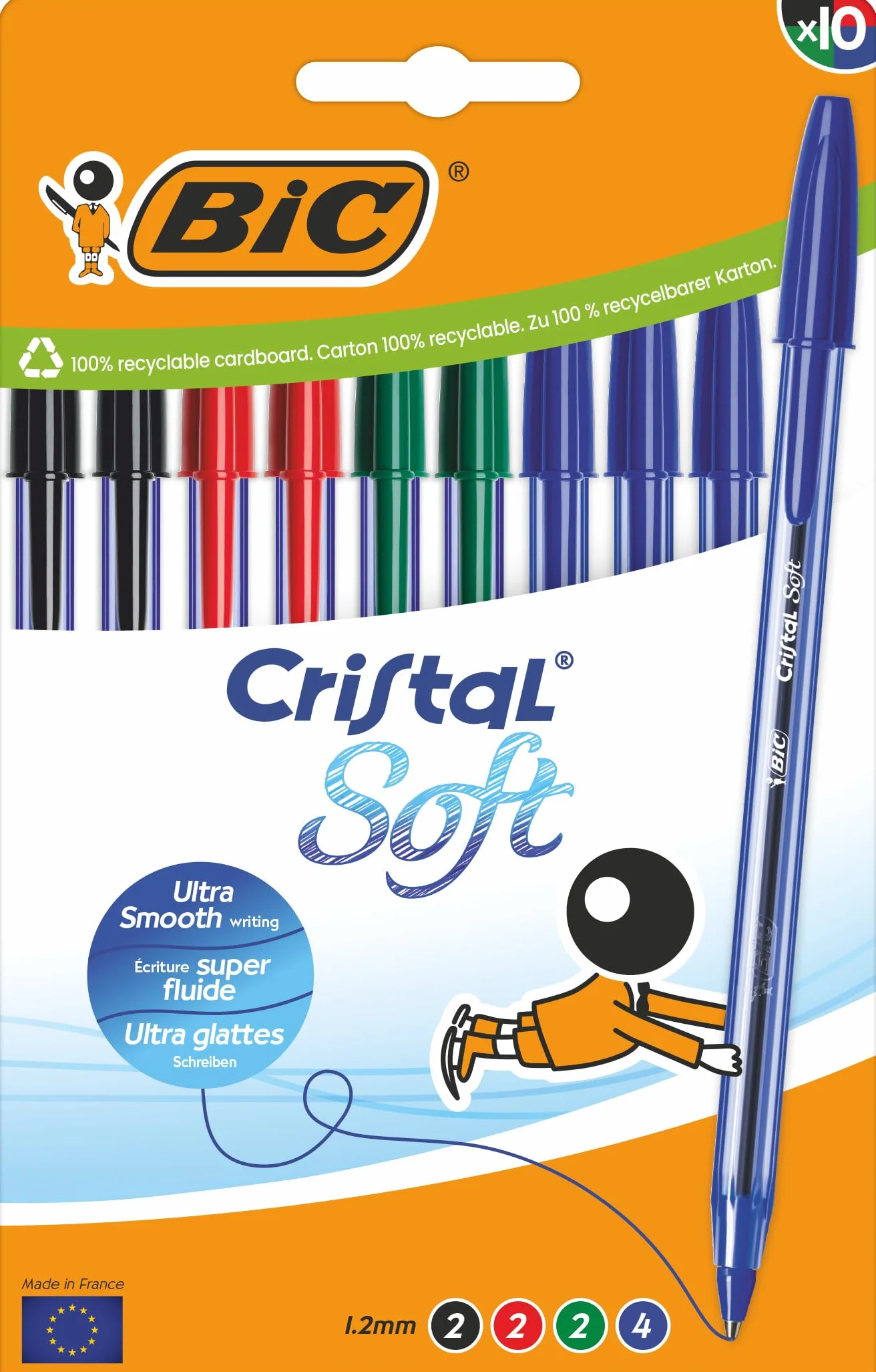 BIC Cristal Soft Penne a Sfera Punta Media 1,2 mm Inchiostro Softline Colori Assortiti Confezione da 10