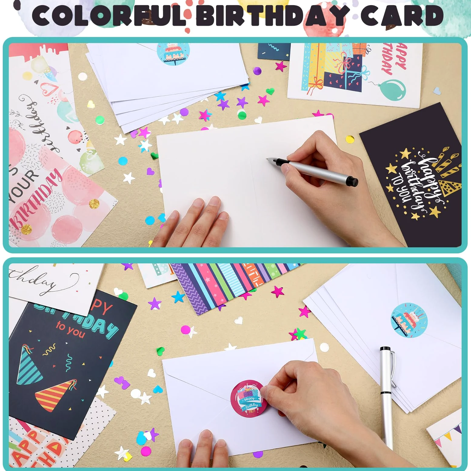 Harloon Confezione da 200 biglietti di auguri di buon compleanno, assortiti, con buste vuote e adesivi, 10 x 15 cm, biglietti di auguri vuoti per donne, uomini, bambini e adulti, 20 stili (colorati)