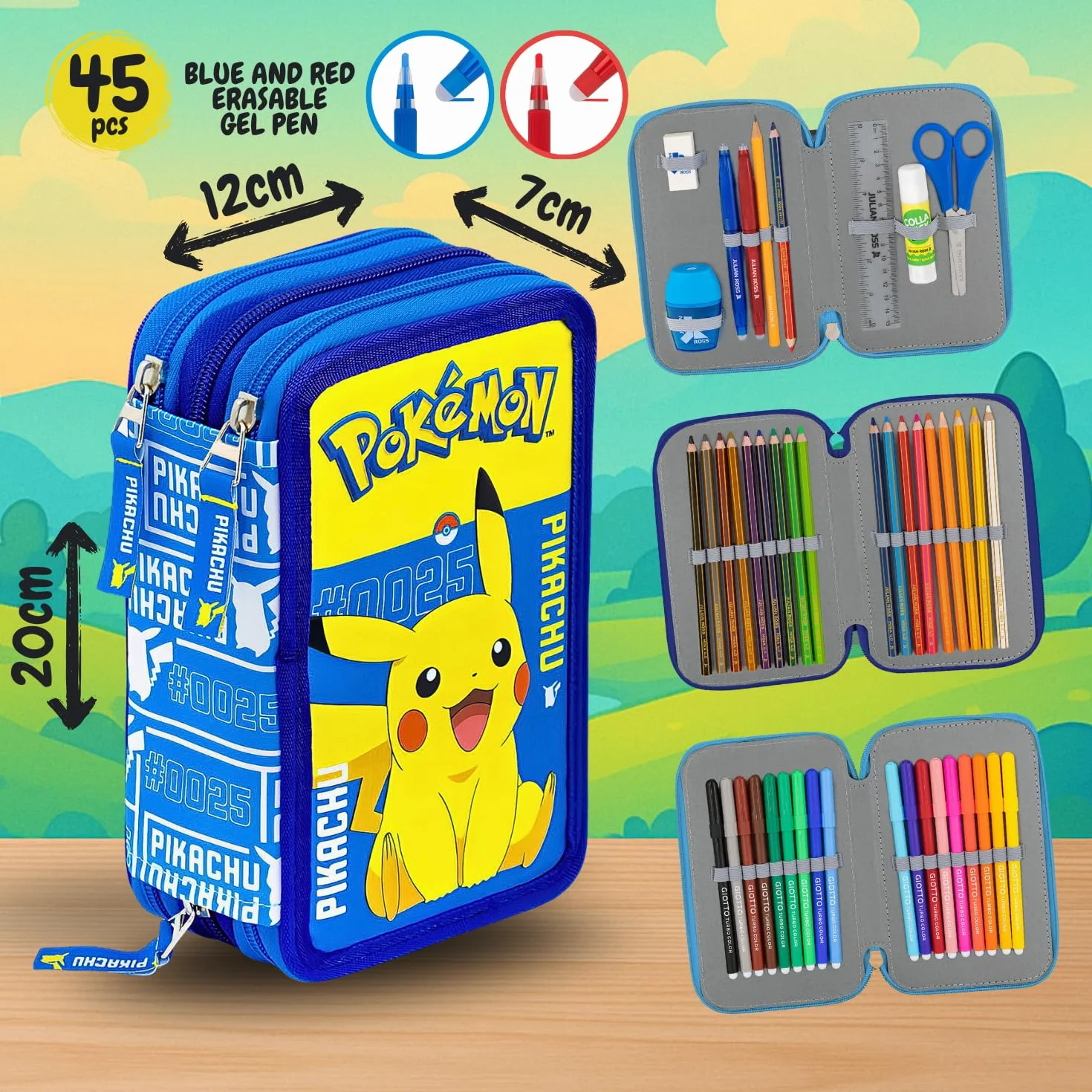 Clondo Astuccio 3 Scomparti 45 Pezzi Per Pokemon Fan Blu e Giallo
