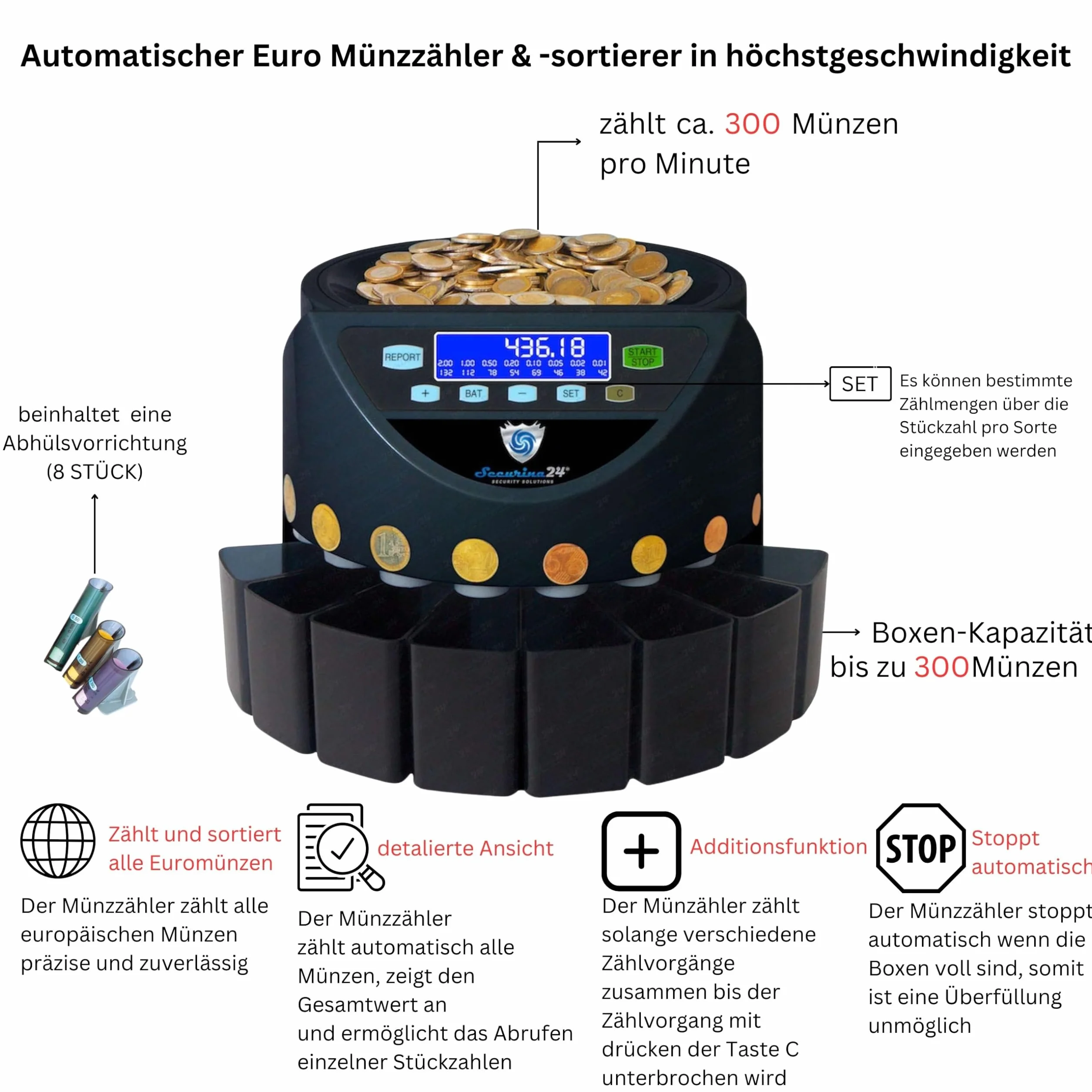 Contamonete Euro con funzione di impilamento in blister di Securina24 (nero - Blacklabel - BBBLCD)