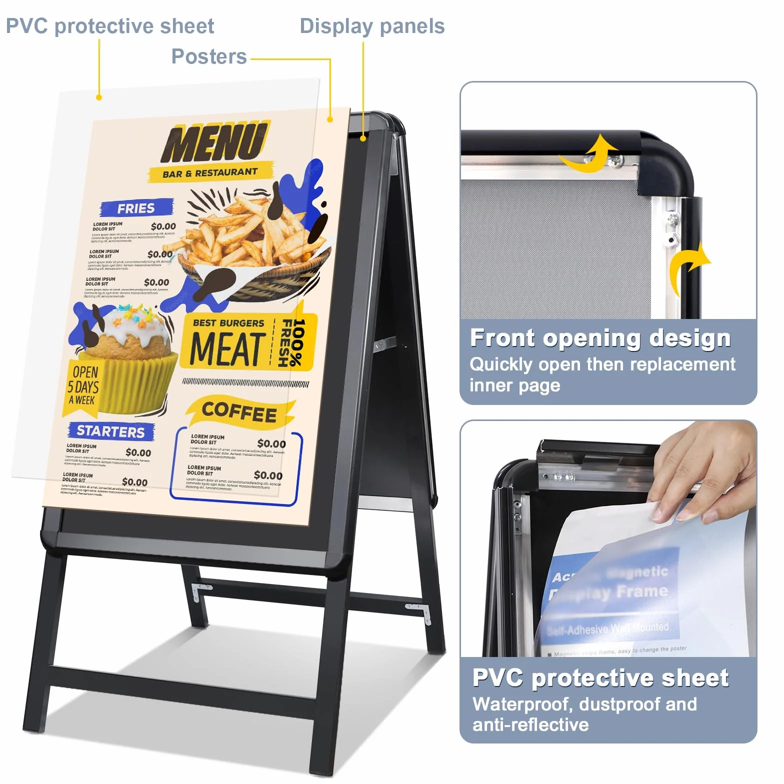 A2 Pavimentazione Cartello Cornice Cartello Doppio Lato Display A-Board Poster Stand Segno Titolare per Pubblicità (Nero-A2)