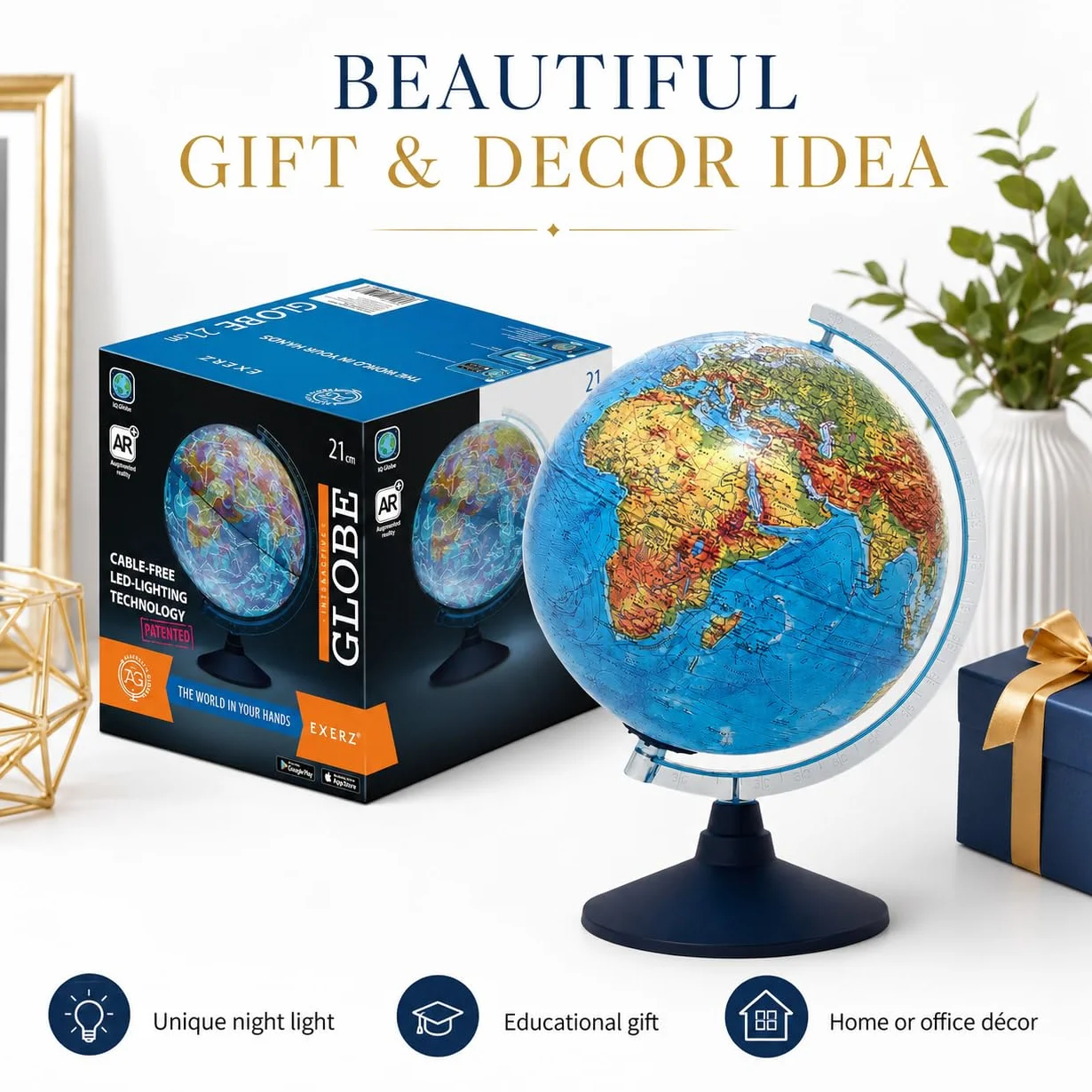 EXERZ 21cm Mappamondo Illuminato Con Illuminazione A LED Senza Cavi Giorno E Notte/Globo - in Inglese - Mappa Fisica (Giorno) - Constellazione (Notte) - App di Realtà Aumentata iOS