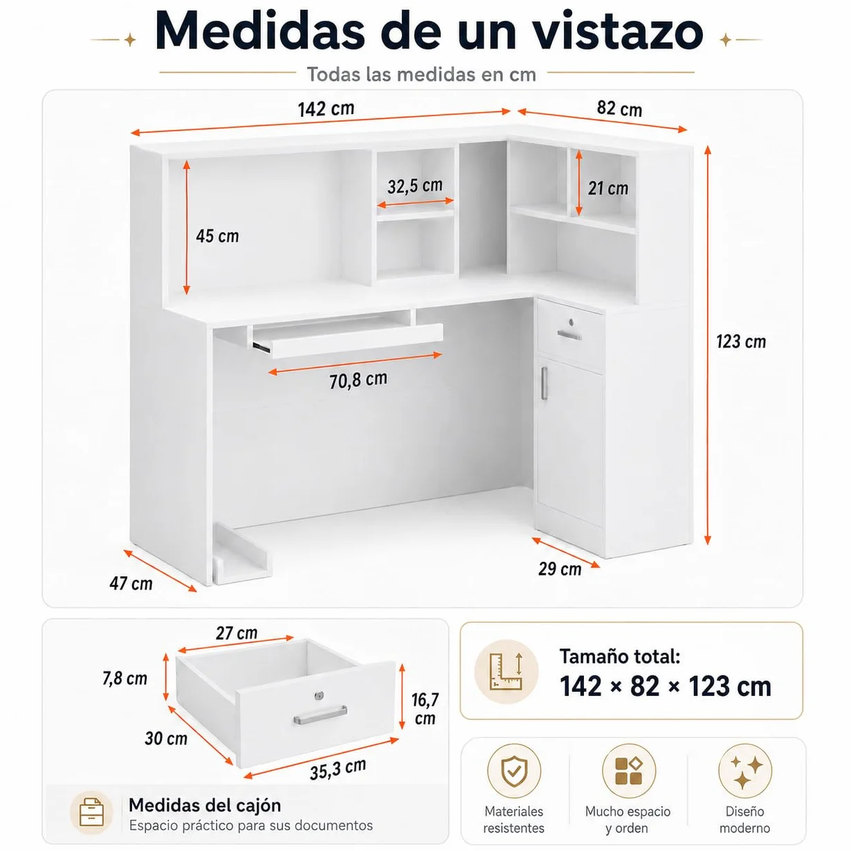 Banco reception, scaffalatura rimovibile, banco reception con 1 cassetto e 1 armadio,banchi di ricezione in MDF, 140 x 80 x 120 cm, bianco
