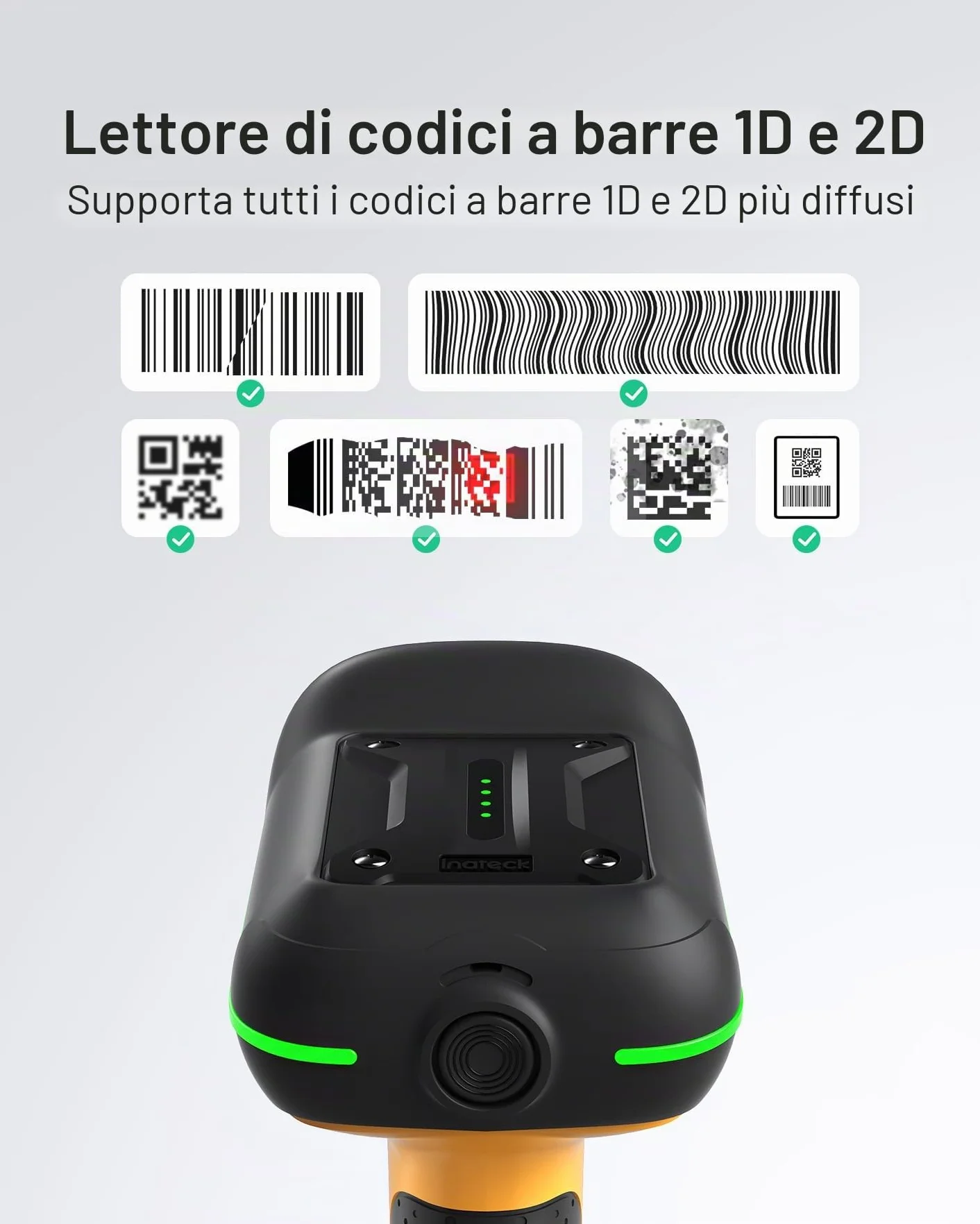Inateck BCST-75S - Scanner di codici a barre industriale senza fili, 2D QR con stazione di ricarica intelligente, IP67 impermeabile e antipolvere, lettore di codici a barre con batteria da 2600 mAh,