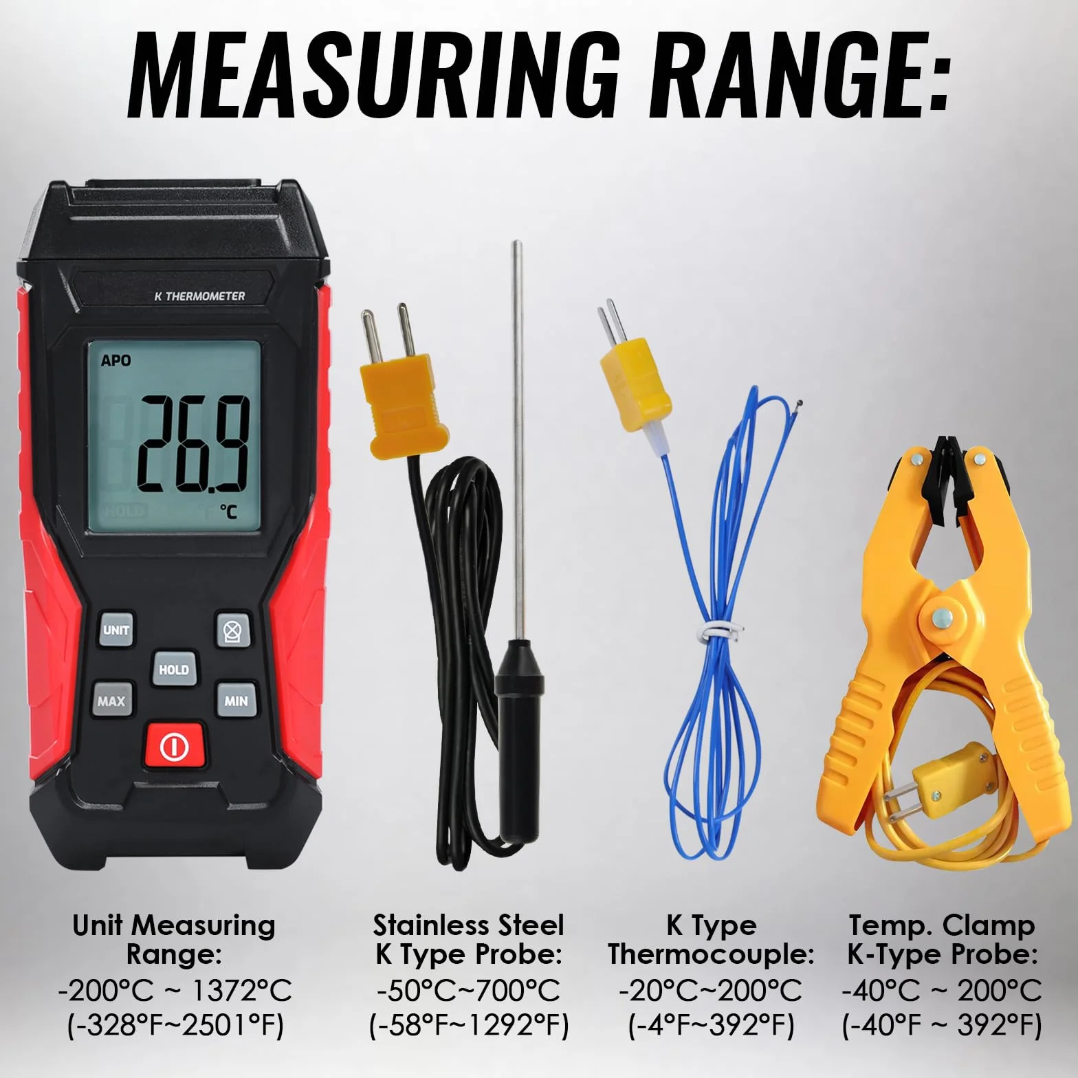 Termometro digitale tipo K 2 sonde termocoppia 2 pinze temperatura industriale monocanale -328°F a 2500°F display LCD retroilluminato Max/Min mantenimento dati