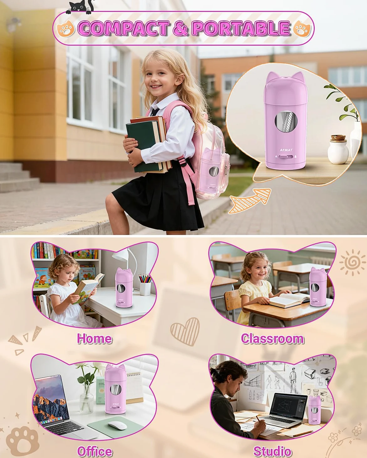 AFMAT Temperamatite automatico, ricaricabile elettrico, con orecchie di gatto, per matite da 7-8 mm, ideale per il rientro a scuola, temperamatite portatile per bambini, con contenitore, per scuola e