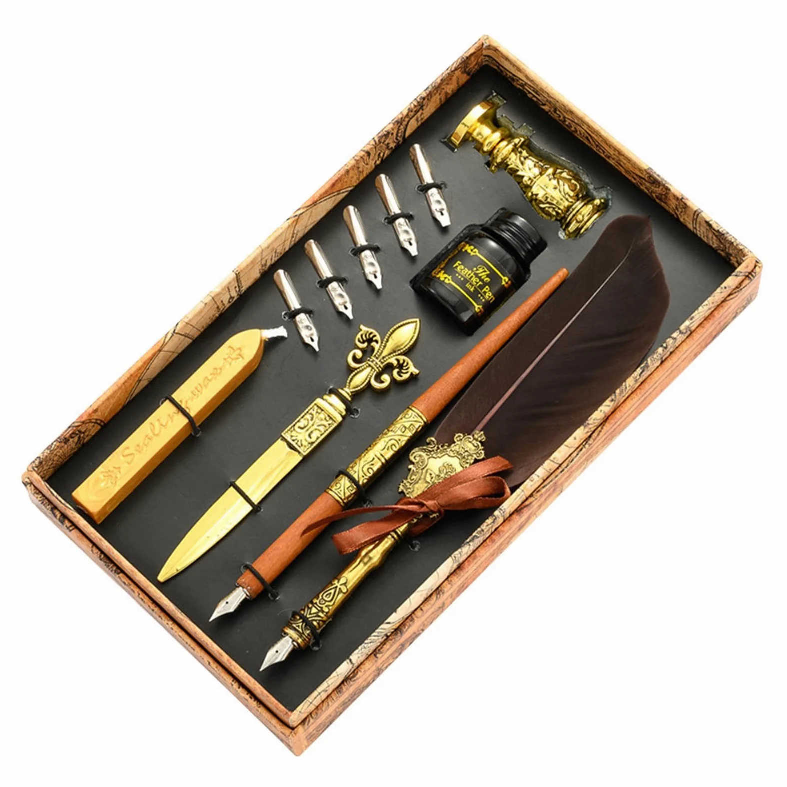 Set di inchiostro con piuma d'oca | Set di penne per calligrafia con piuma | d'oca | Set di sigilli per ceralacca aggiornato con punte di ricambio, penna vintage Signature Pen Set regalo