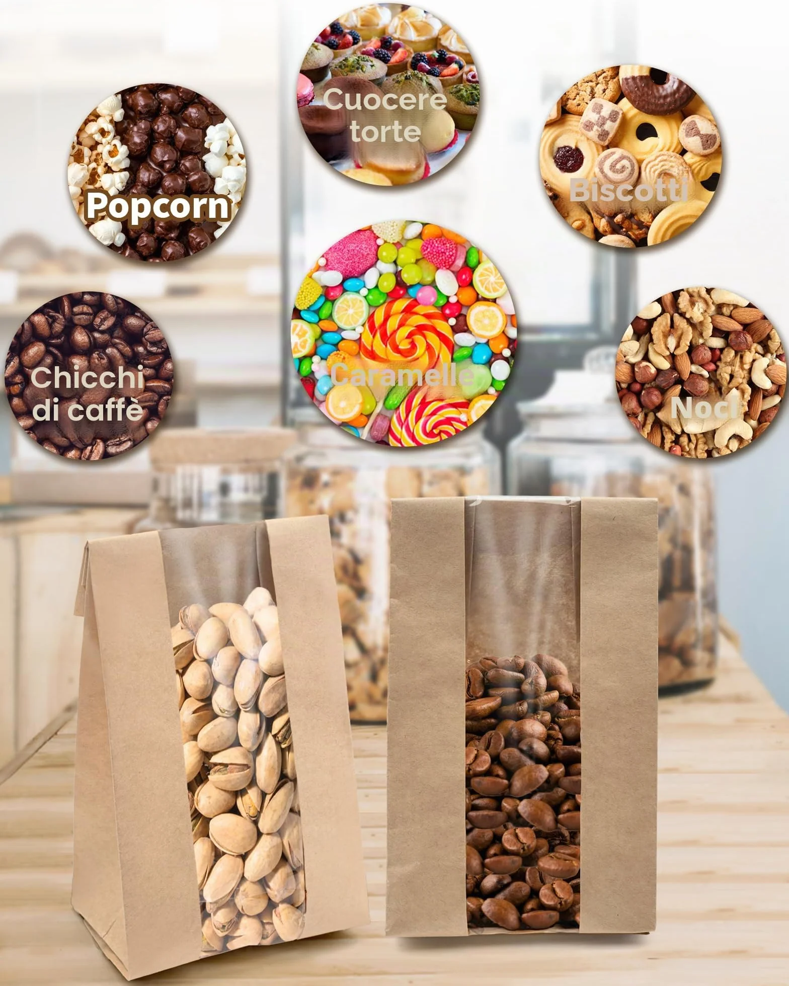 Sacchetti di Carta per Alimenti 50 Pezzi con Sigillo e Finestra, Kraft per Pane Dolci Torte, 8,89 x 5,85 x 19,05 cm