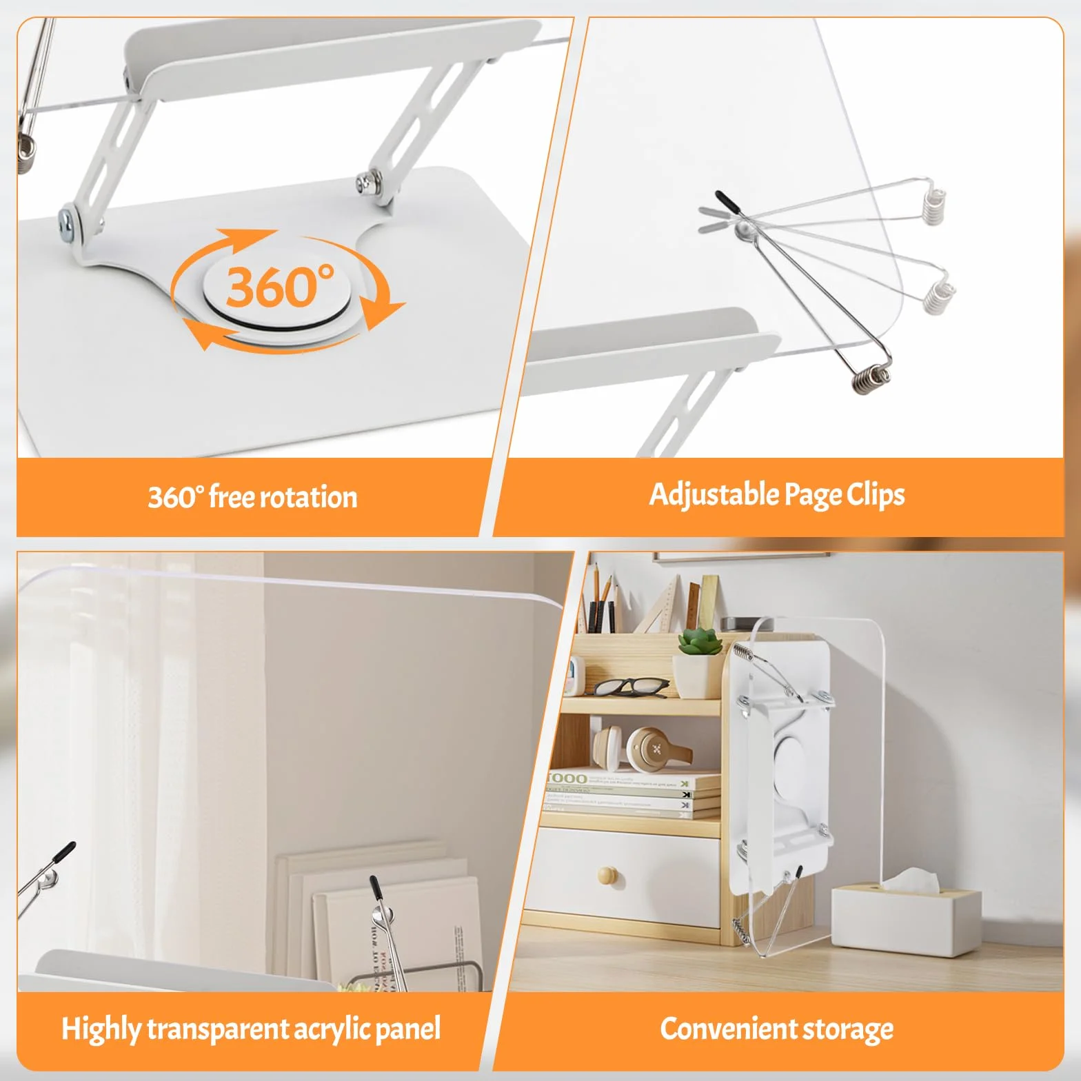 Leggio per Libri in Acrilico con Base Girevole 360° e Clip Elastiche, Regolabile 4,4-39 cm, Pieghevole Porta Libro da Scrivania