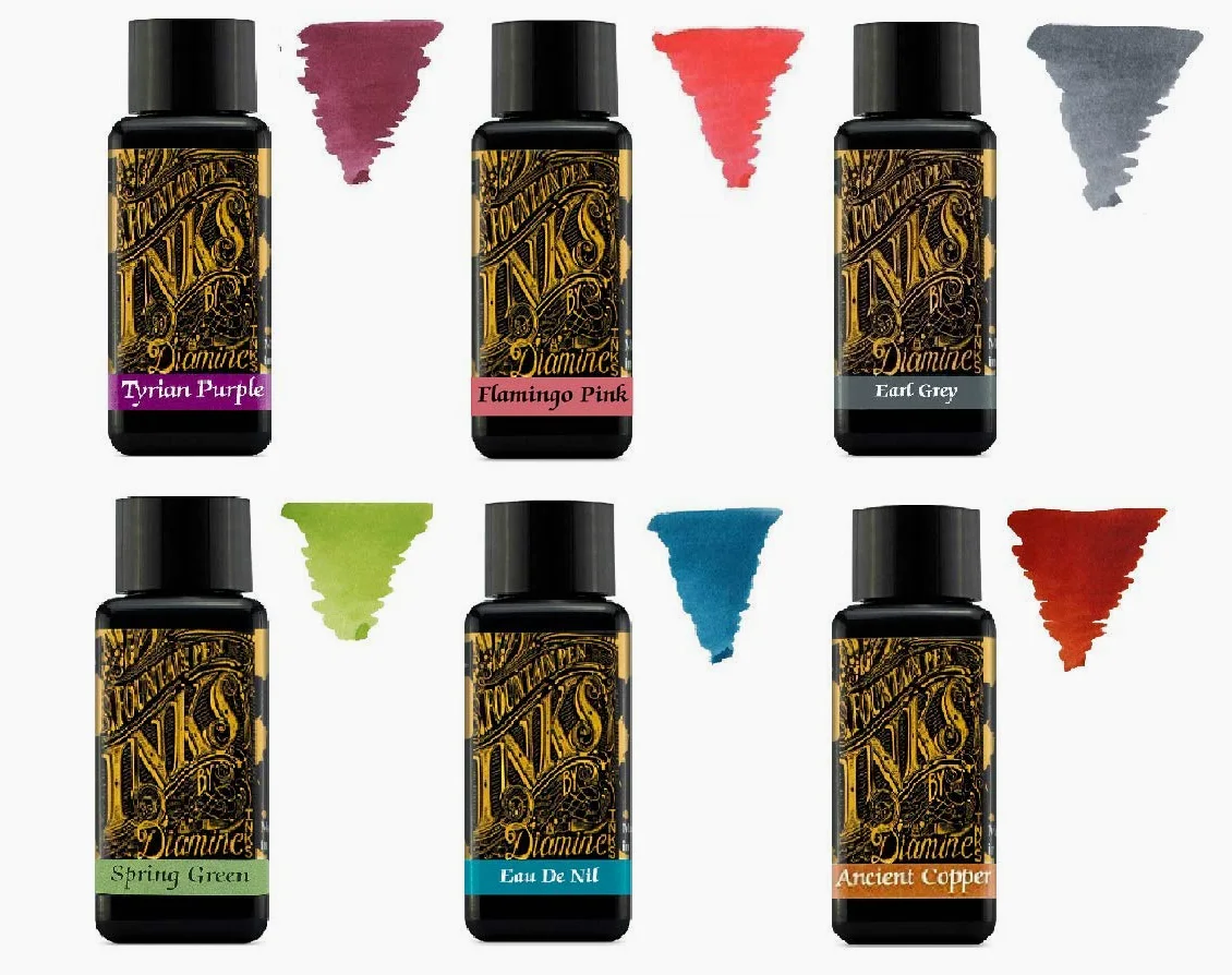 Diamine Inchiostro Per Penna Stilografica 30ml - Ruota dei Colori - 6 x Bottiglie - Tyrian Purple, Flamingo Pink, Earl Grey, Spring Green, Eau de Nil, Ancient Copper