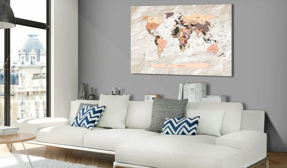 Cuadros B&D XXL - Lavagna Di Sughero per Puntine - Mappa Mondo 120x80 cm 1 Pezzo - Bacheca Sughero da Parete & Quadro su tela in un Uno - Grande Decorativo per Parete per le Note - Terra k-C-0053-p-b