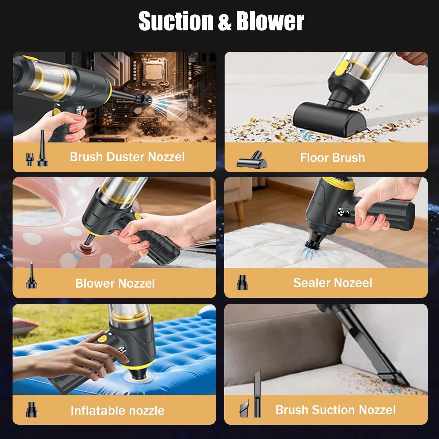 HKC 4 in 1 Soffiatore Aspiratore 110000RPM, Aria Compressa Elettrico 18000Pa, Air Duster Spolverino Motore Brushless, Aspirabriciole Senza Fili per Auto Casa Ufficio Peli Domestici schwarz