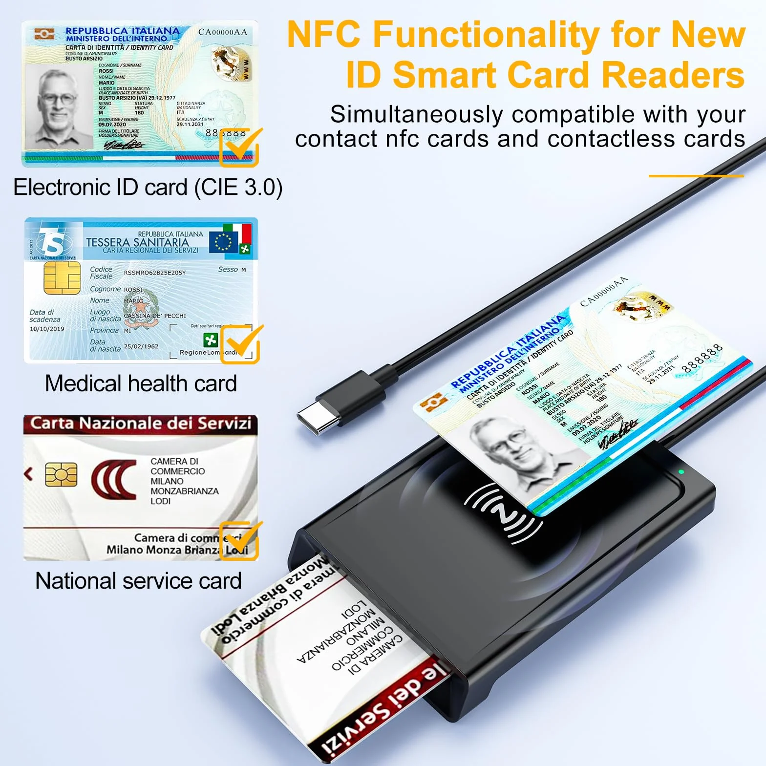 USB C Lettore CIE 3.0 Carta d'identità Elettronica e Tessera Sanitaria Italiana,Lettore Smart Card Firma Digitale Lettore Smart contatto e contactless CIE/CRS/CNS,Lettore NFC per Windows 10 11 Linux