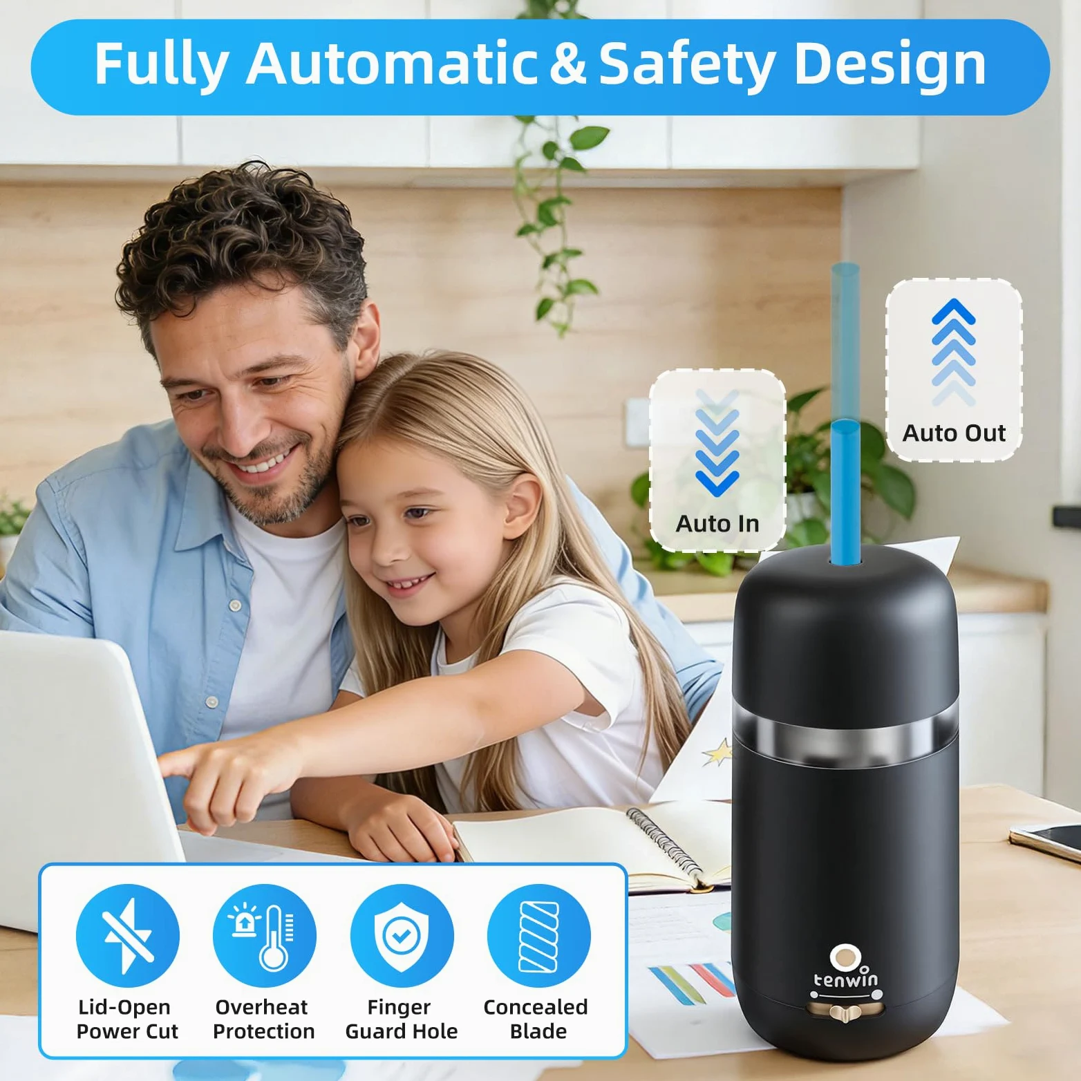 tenwin Temperamatite elettrico completamente automatico, ricaricabile e portatile, veloce da 7 – 12 mm matite e matite colorate, ideale per casa, ufficio e scuola (nero)
