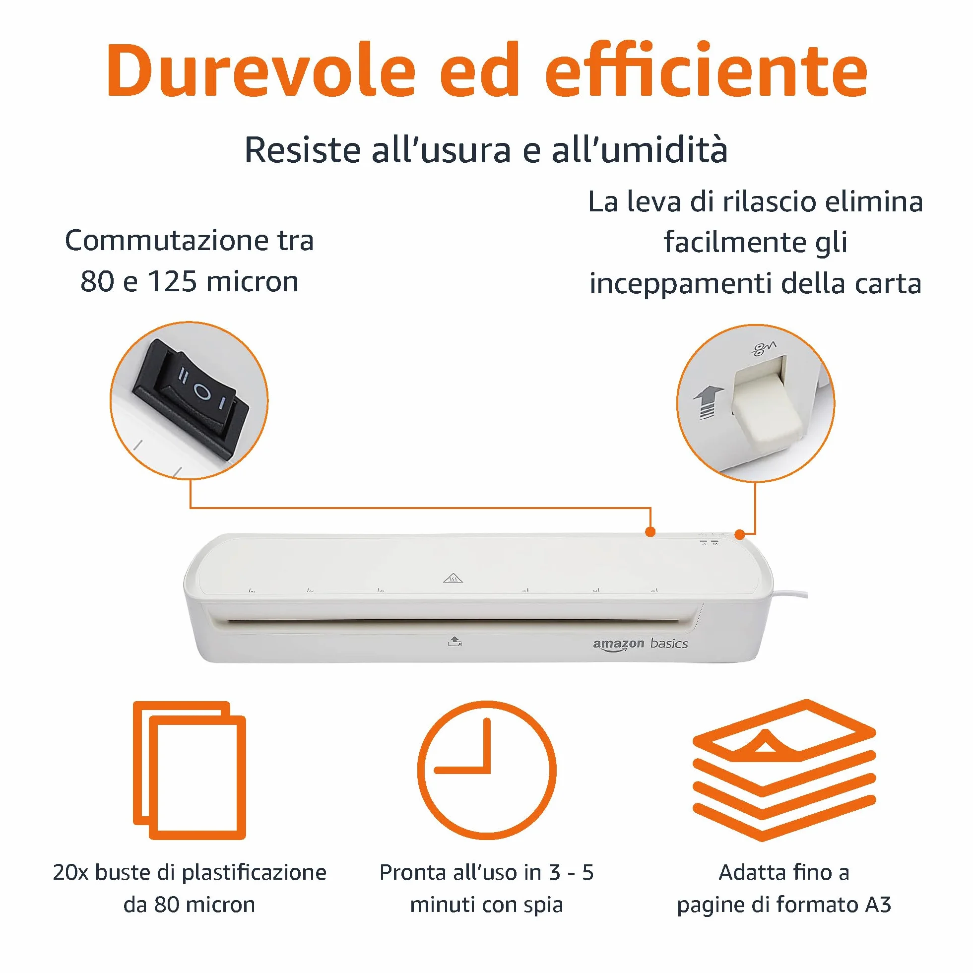 Amazon Basics Laminatore termico, formato A3, include due buste per laminatura, Bianco, Tinta unita
