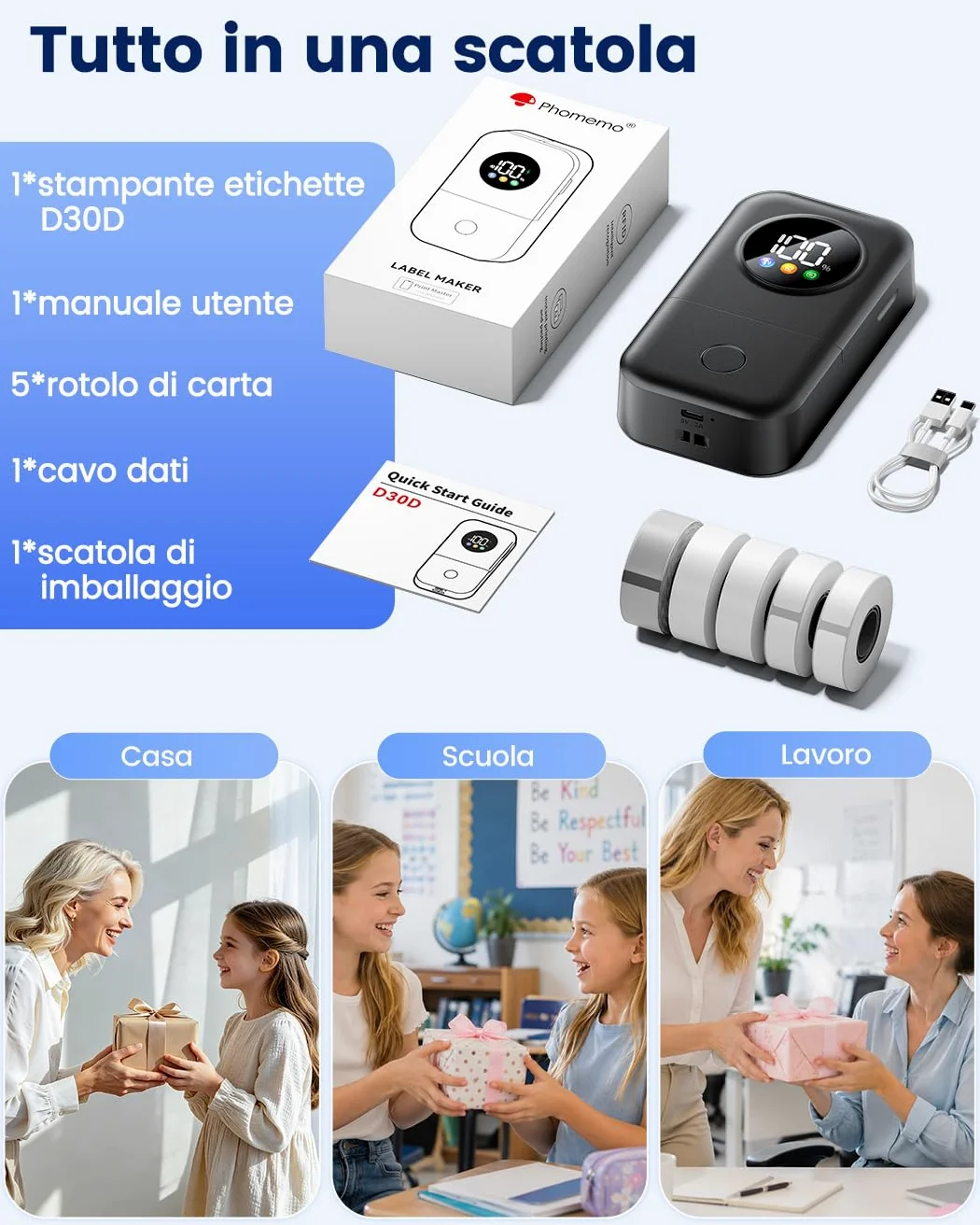 Phomemo D30D Etichettatrice con 5 Etichette, Schermo LED Intelligente, Nero | Mini Bluetooth Portatile Stampante Etichette Autoadesive per Ritorno a Scuola, Casa e Ufficio
