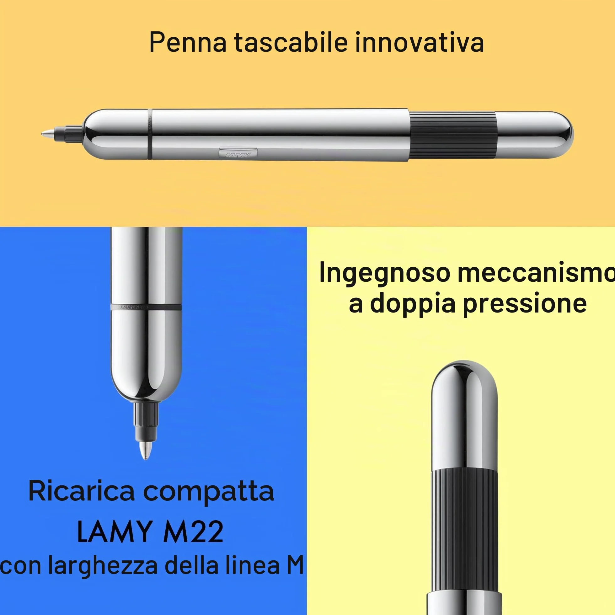 Lamy pico chrome penna a sfera - sfera tascabile innovativa - con un solo scatto a misura naturale - involucro in metallo e larghezza di tratto M - refill M 22 in nero incl.
